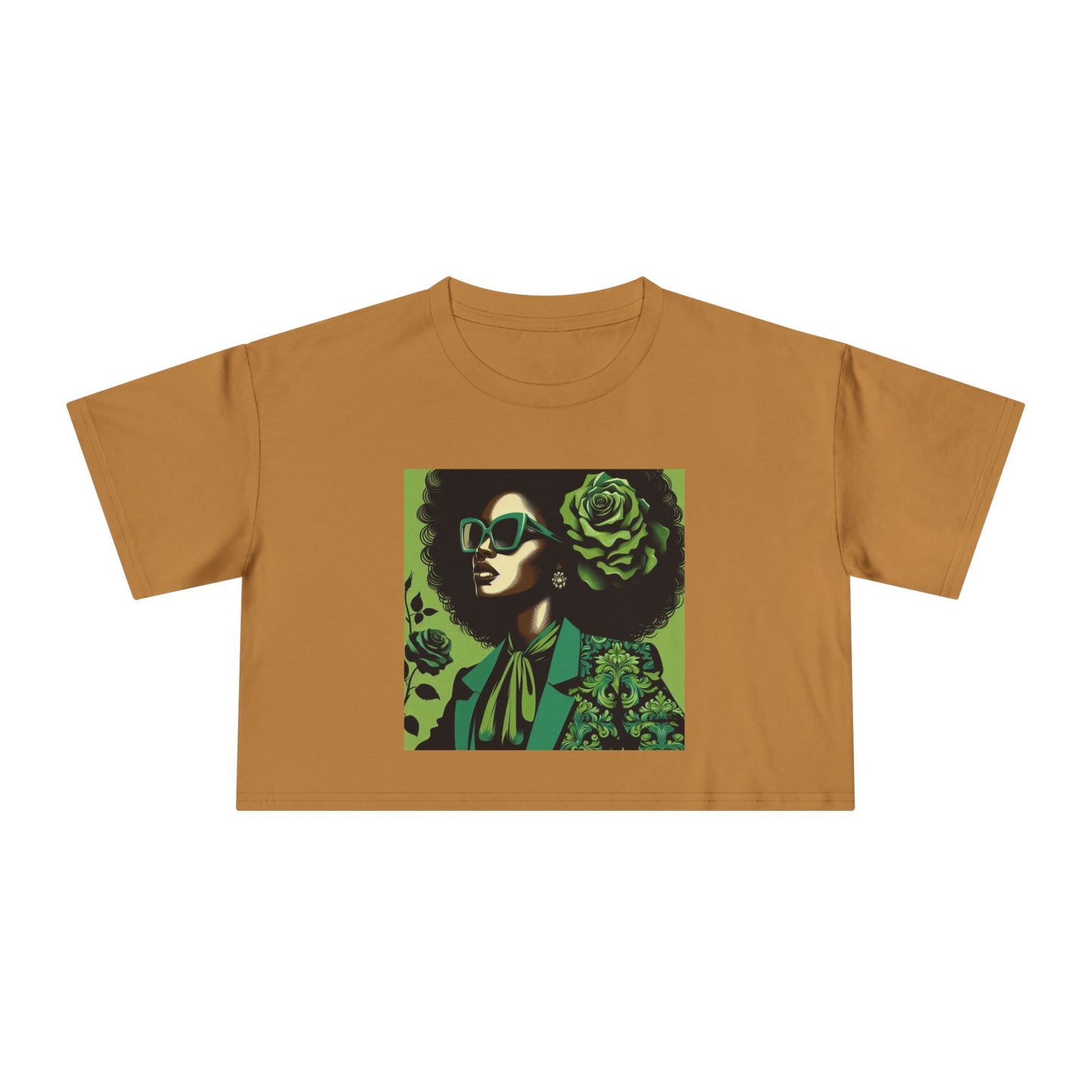 Stylish Women's Crop Tee with Damask Design | Trendy Summer Top, Afro Crop Shirt, Casual Wear, Gift for Her - Lady in Green Damask
