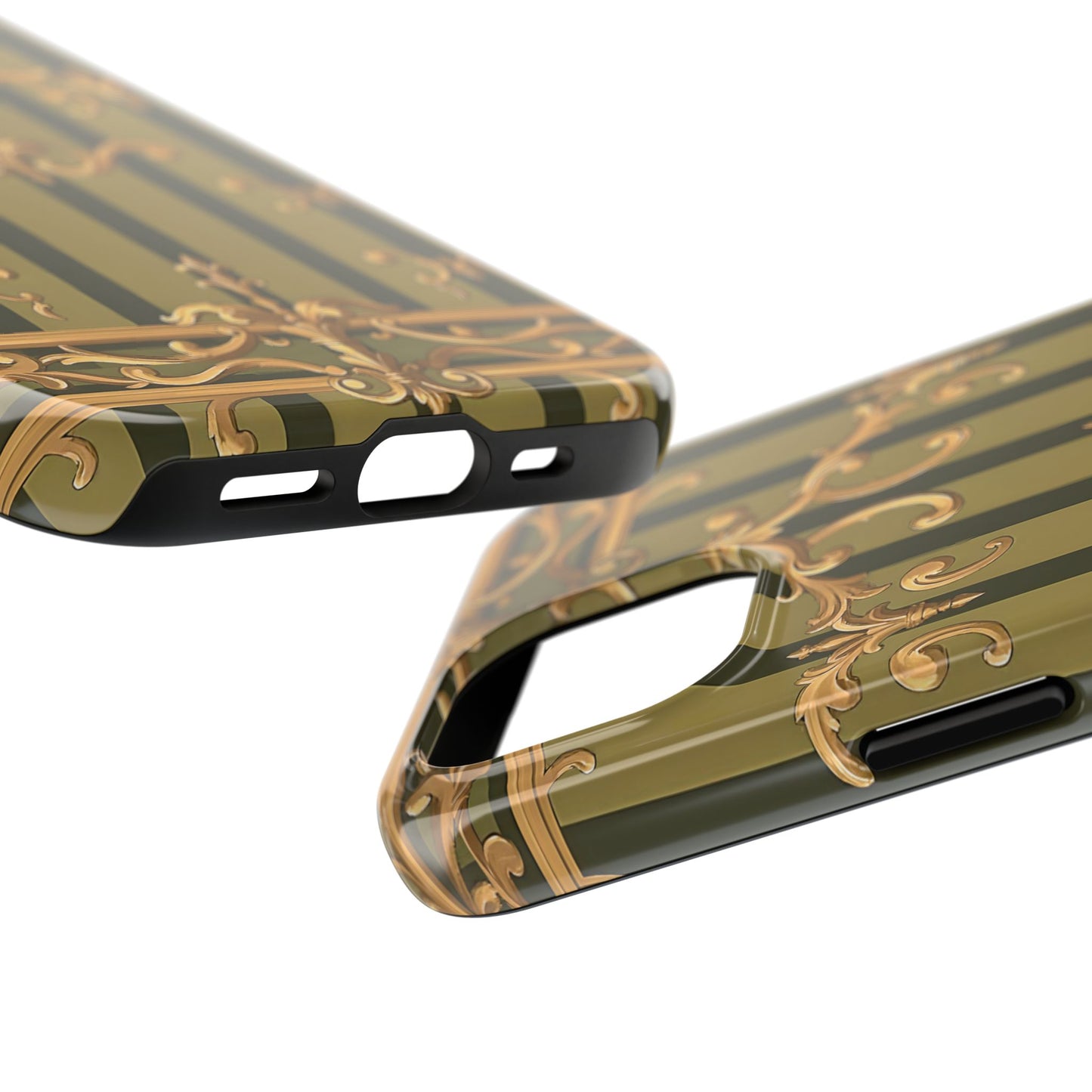 Elegant Vintage Phone Case - Tough Protection with Classy Design, Stylish Phone Cover for Fashion Lovers - Olive Green Striped Rococo