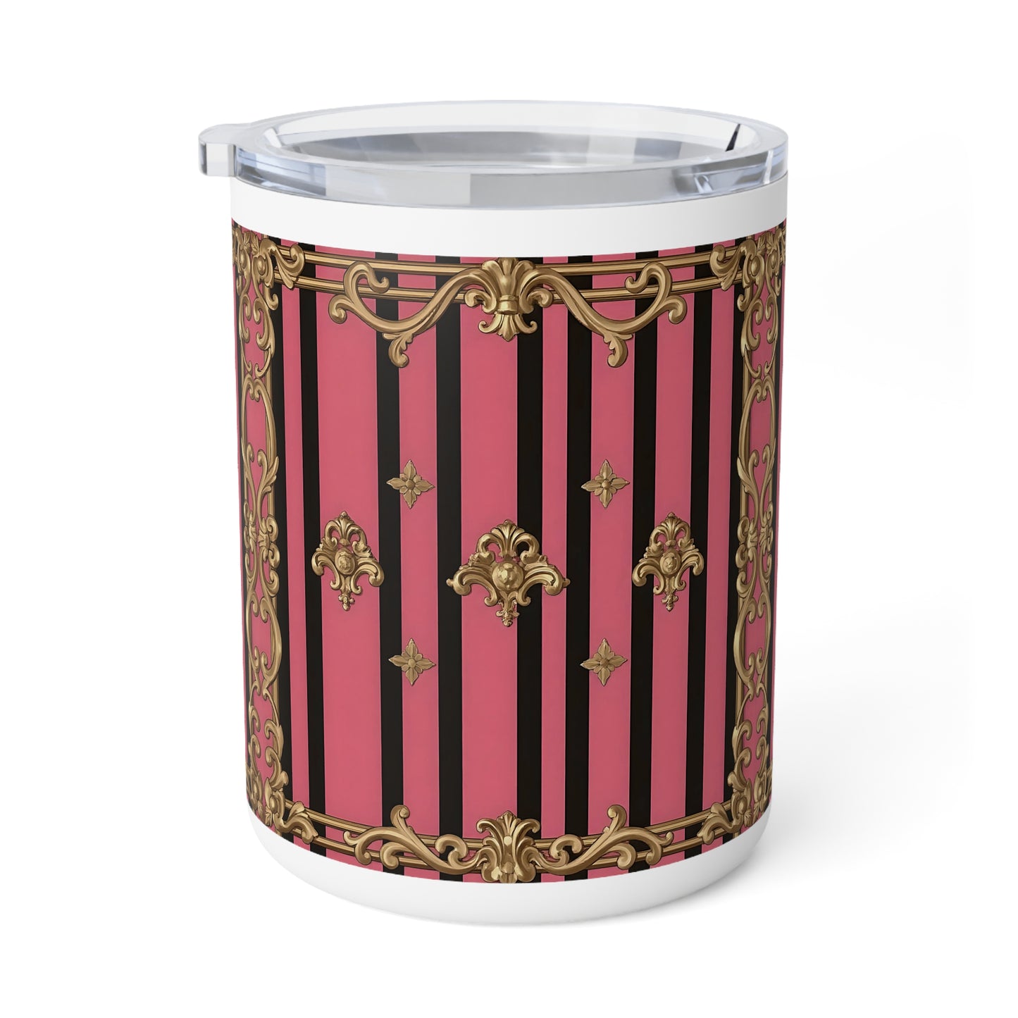 Elegantly Designed Insulated Coffee Mug, 10oz, Perfect Gift for Coffee Lovers, Unique Birthday Present - Pink Striped Gold Rococo