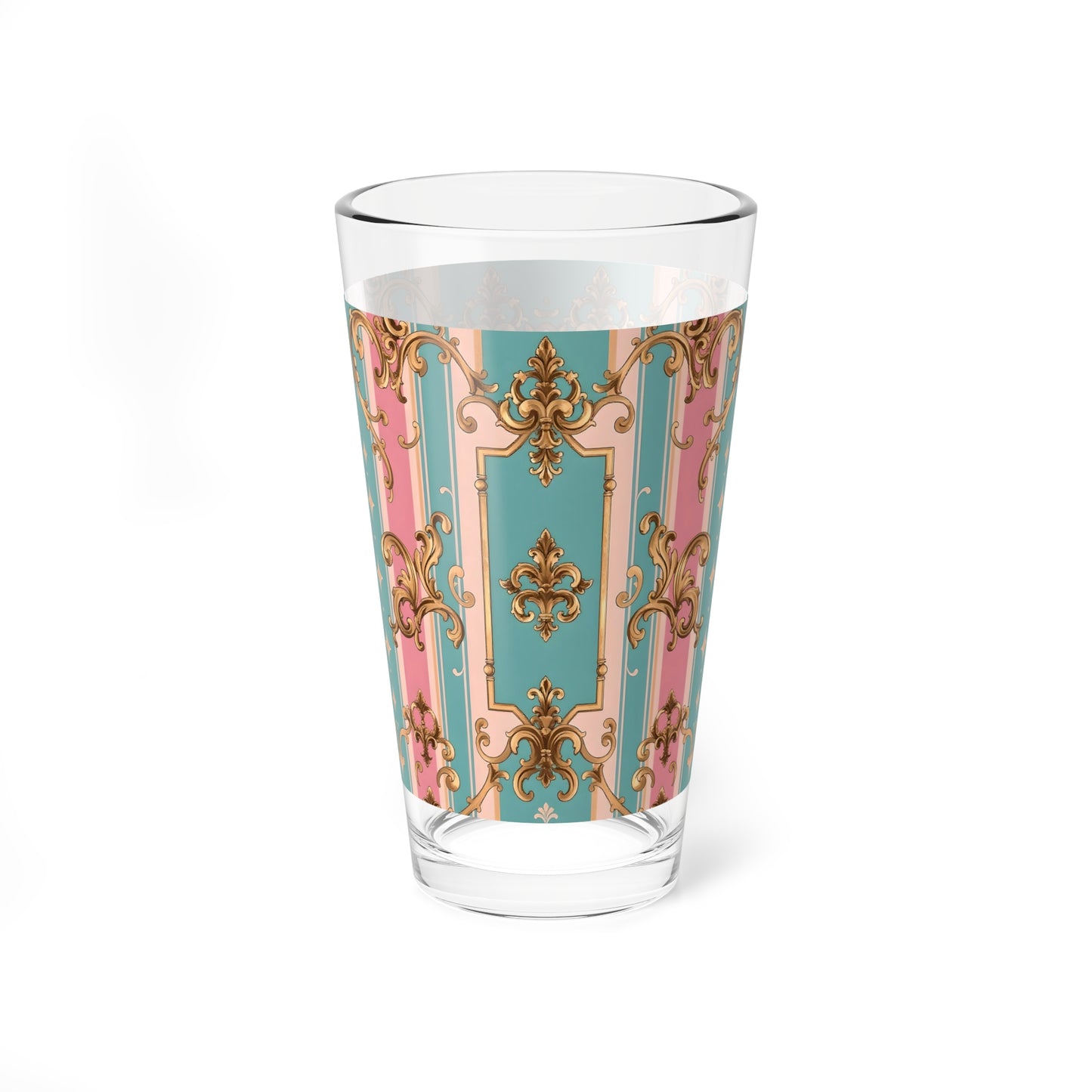 Elegant Mixing Glass, 16oz - Decorative Drinkware for Cocktails, Parties, Home Bar, Gift for Her - Pink & Matte Turquoise Striped Rococo