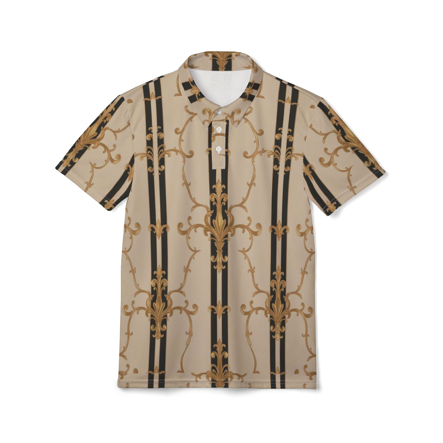 Stylish Unisex Polo Shirt with Golden Baroque Design, Casual Elegance for Men and Women - Black & Beige Striped Damask