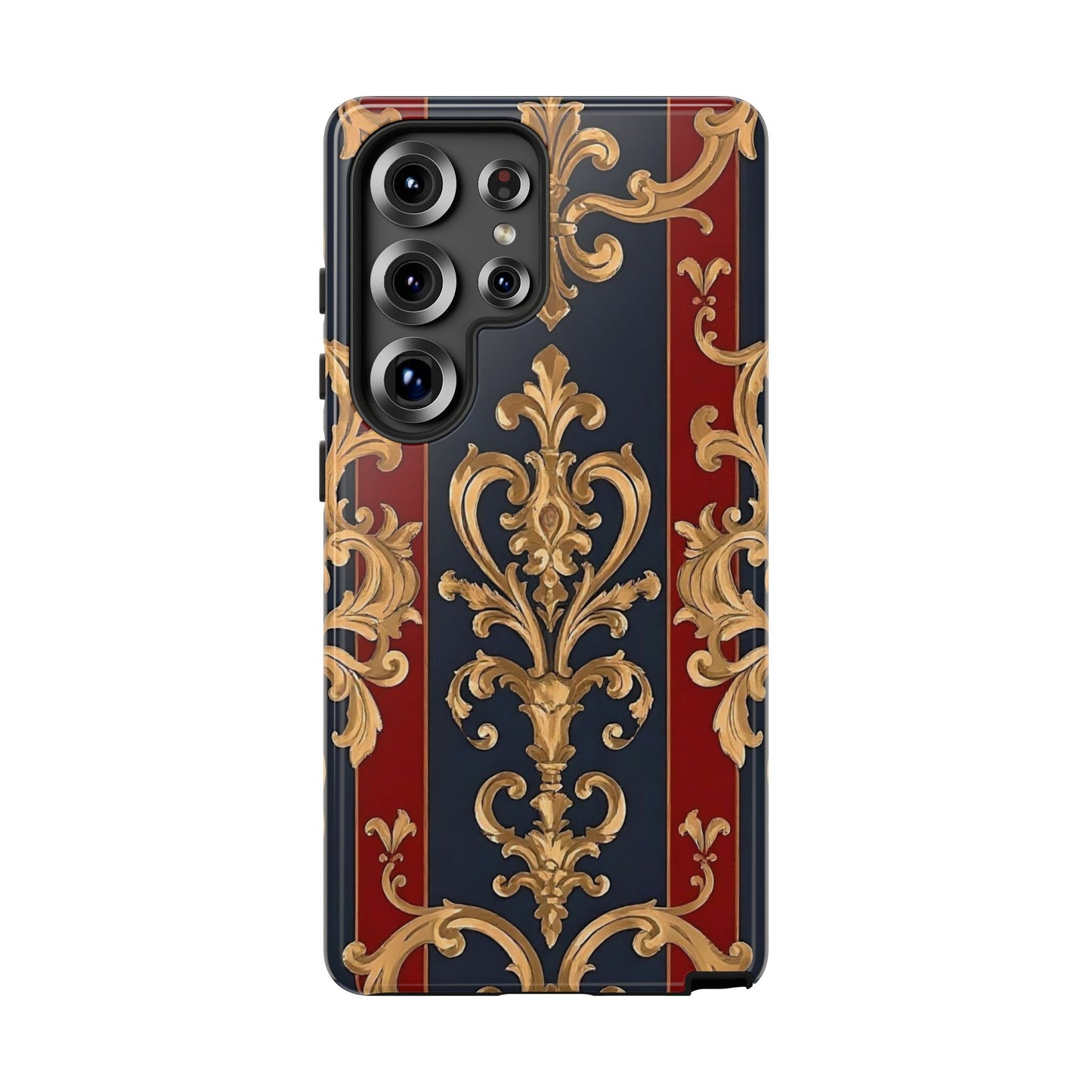 Elegant Floral Motif Phone Case - Tough Cases with Vintage Design - Midnight Blue & Dusk Red Striped Gold Damask