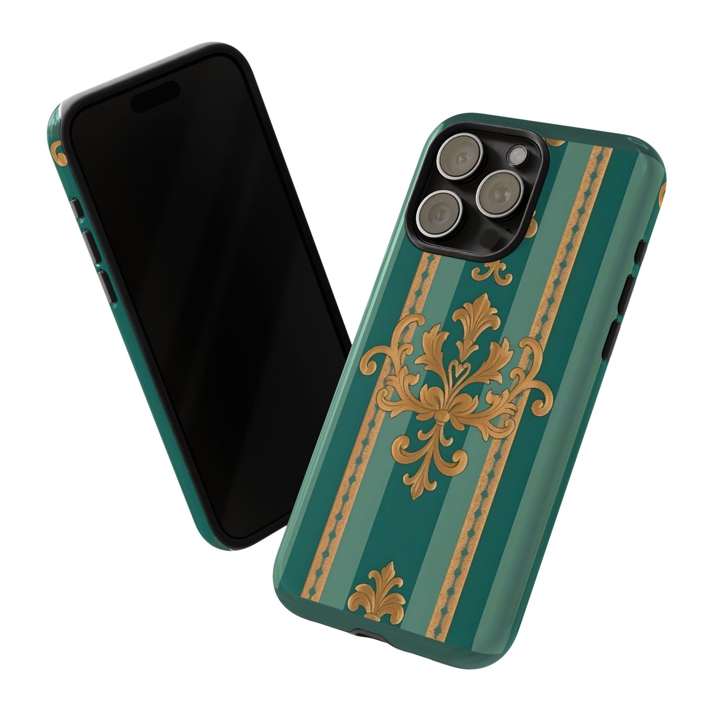 Elegant Floral Motif Phone Case - Tough Cases with Vintage Design - Teal Striped Gold Damask