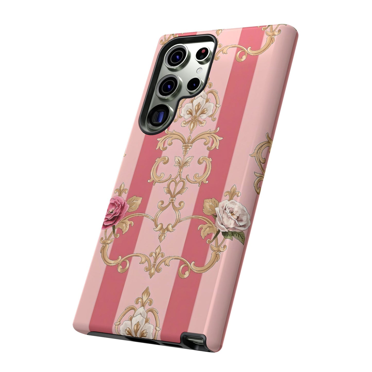 Elegant Floral Motif Phone Case - Tough Cases with Vintage Design - Pink Striped Roses & Damask