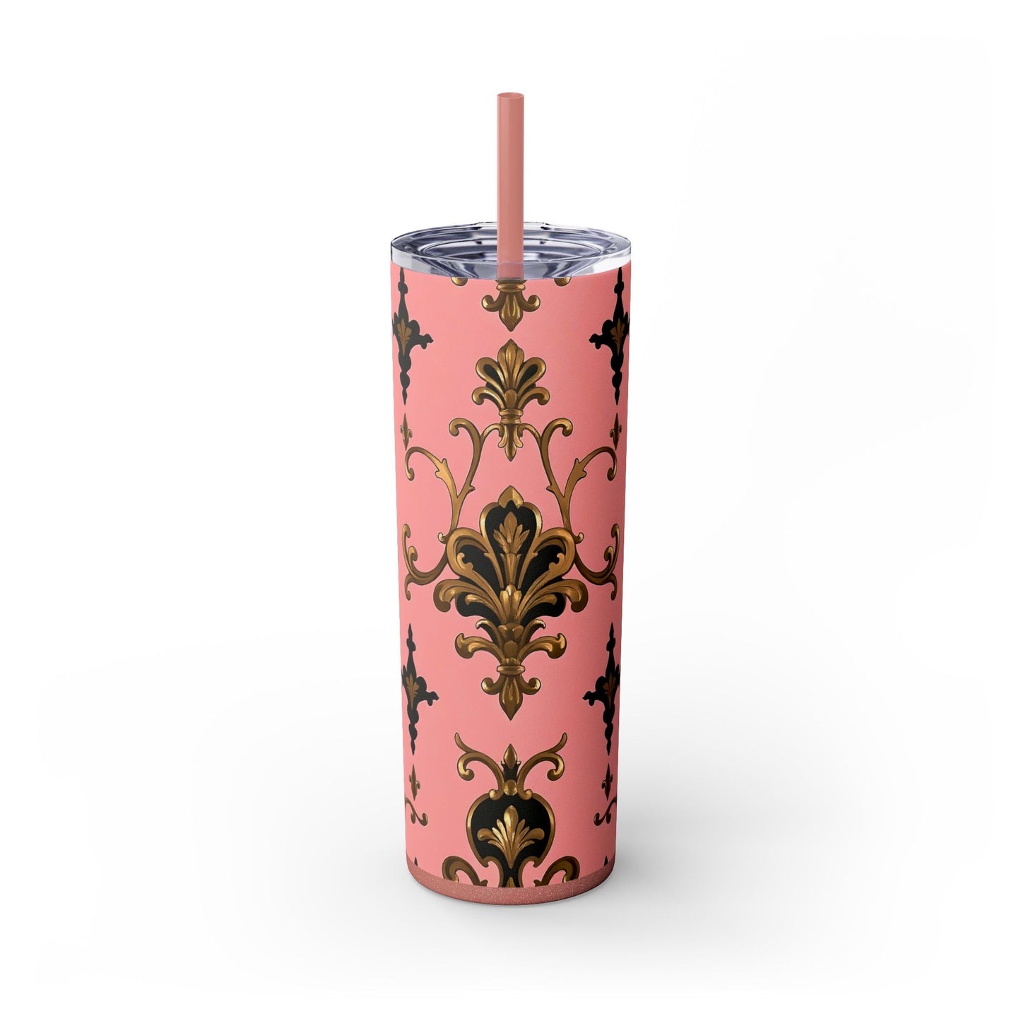 Elegant Pink Damask Skinny Tumbler, 20oz Drinkware, Stylish Reusable Cup, Travel Mug, Gift for Her, Home Decor - Pink, Black & Gold Rococo