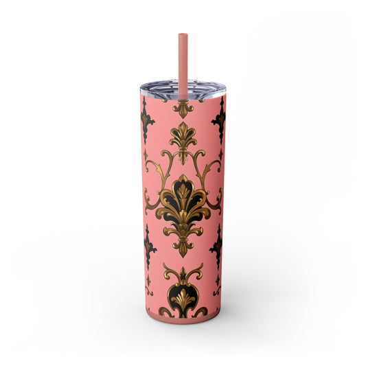 Elegant Pink Damask Skinny Tumbler, 20oz Drinkware, Stylish Reusable Cup, Travel Mug, Gift for Her, Home Decor - Pink, Black & Gold Rococo