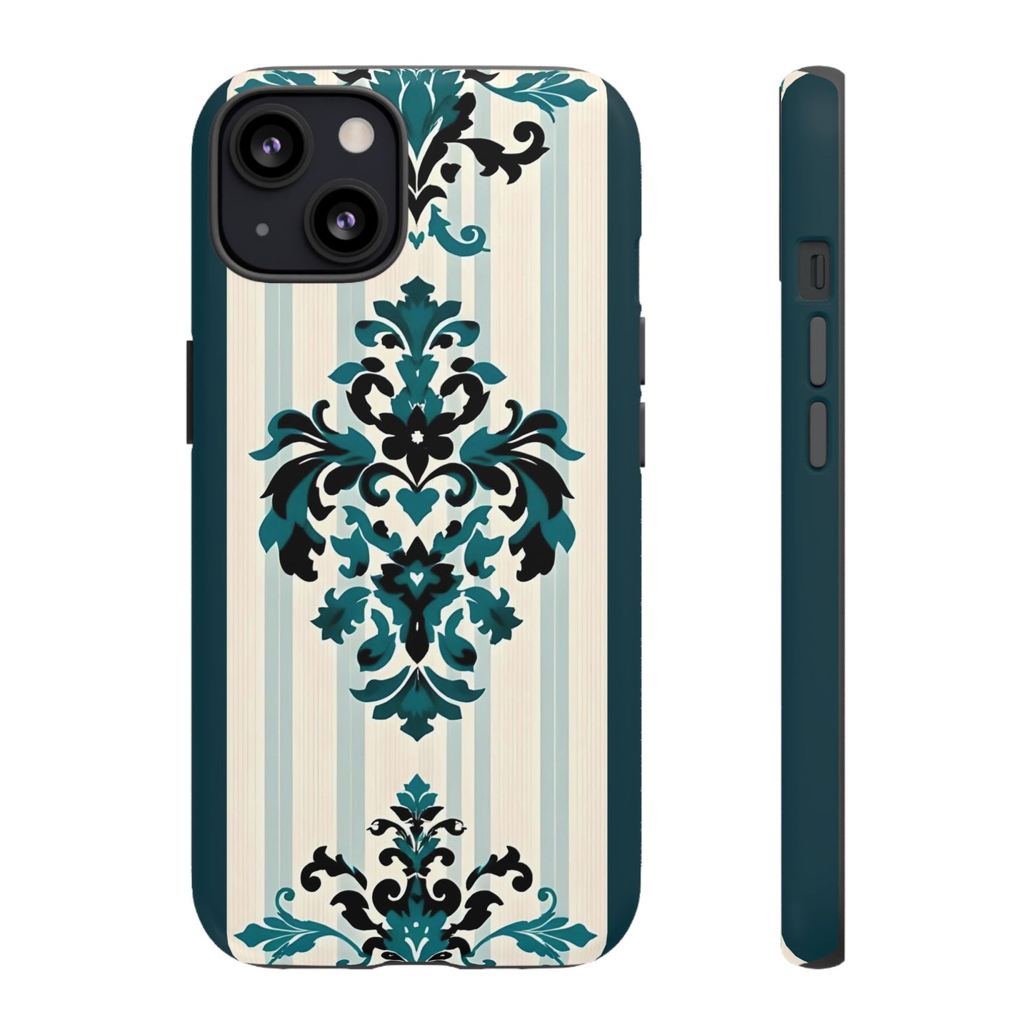 Elegant Floral Phone Case - Tough Cases with Vintage Design - Teal Striped Damask