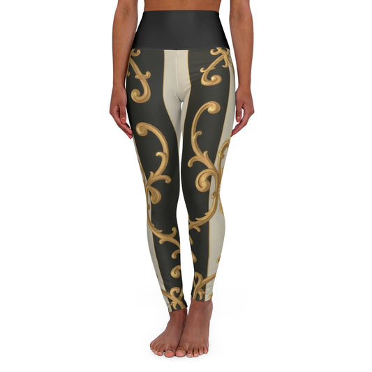 Elegant Black & Alabaster Striped Baroque High Waisted Yoga Leggings, Premium Activewear, Workout Leggings, Stylish Gym Pants