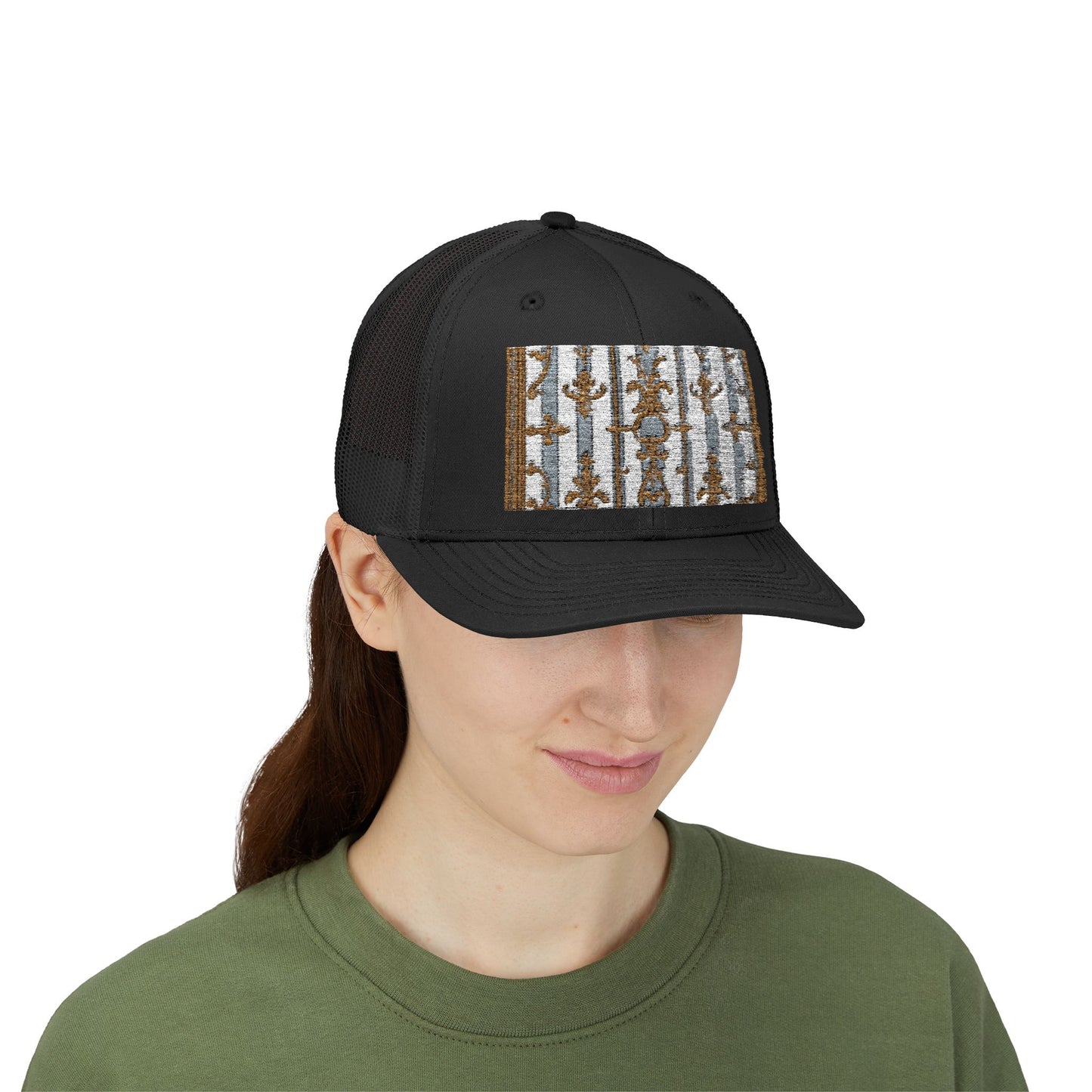 Stylish Snapback Trucker Cap with Nature-Inspired Design - Summer Festivals - Matte Gray & Cream Striped Gold Baroque