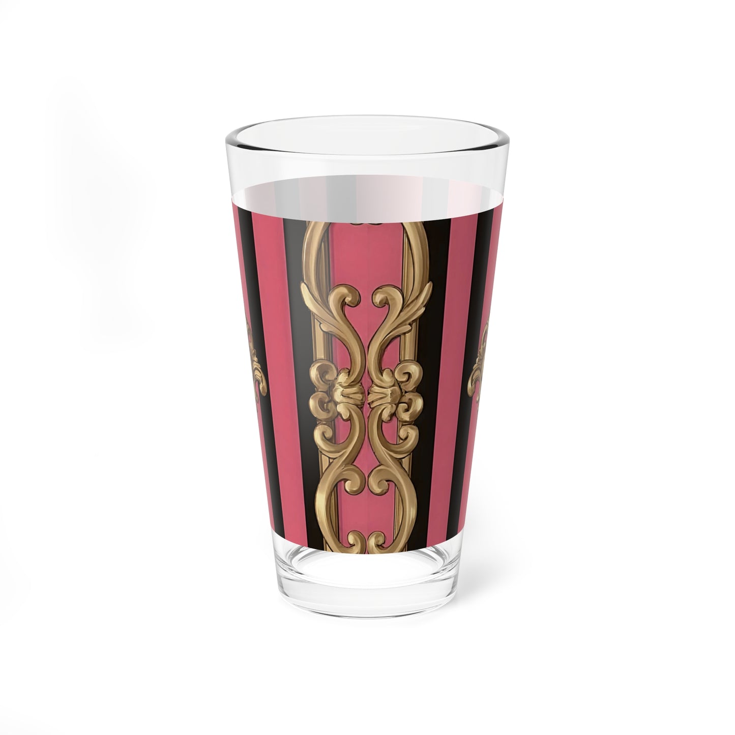 Chic Mixing Glass, 16oz Decorative Drinkware, Elegant Barware, Birthday Gift, Retro Kitchen Decor, Stylish Cocktail Glass - Pink Striped Gold Rococo