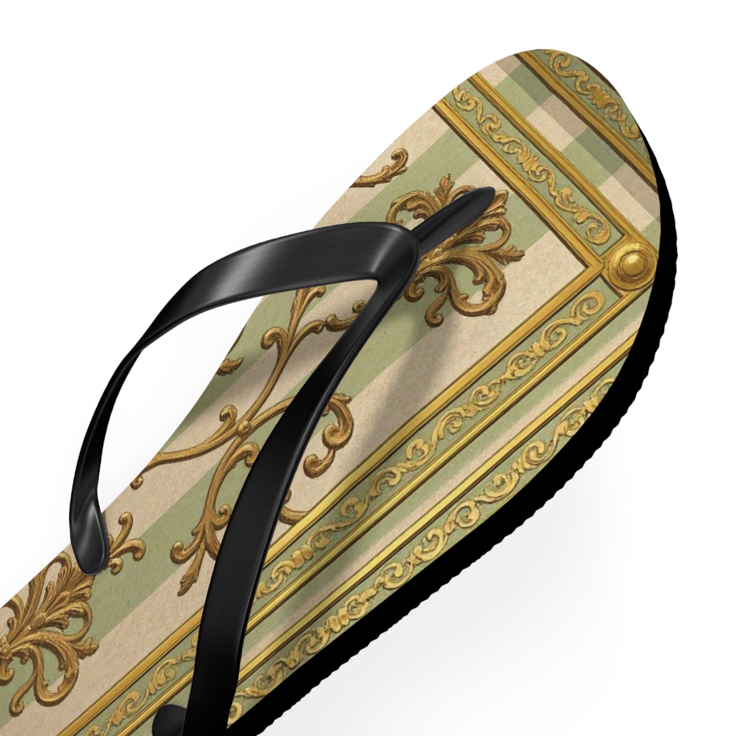 Elegant Floral Flip Flops for Summer, Beach Footwear, Stylish Sandals, Vacation Essentials, Outdoor Slip-On Shoes - Mint & Beige Striped Gold Baroque