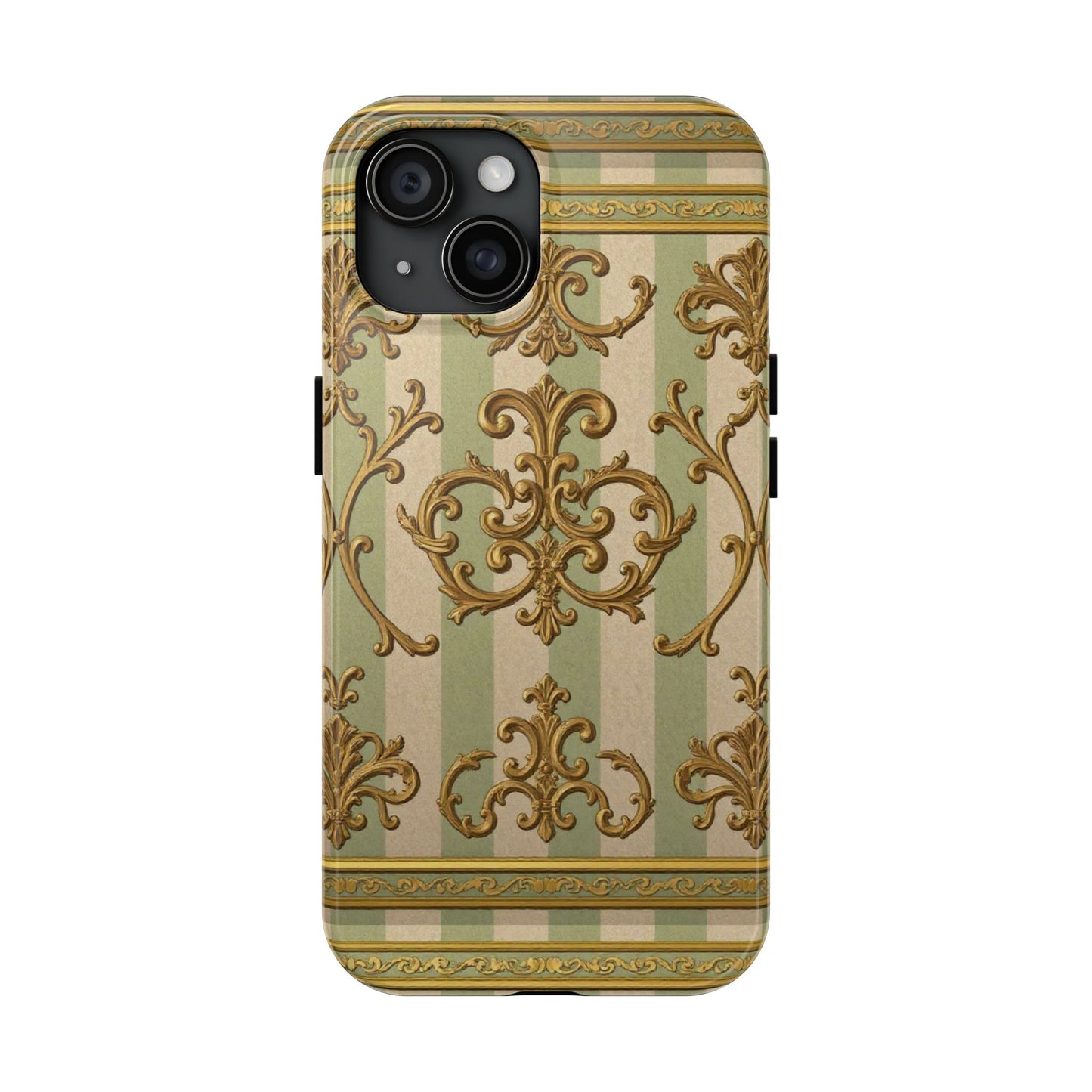 Vintage Elegance Phone Case, Tough Phone Cases for Style, Gift for Birthdays, Stylish Protection - Mint Green & Beige Striped Gold Baroque