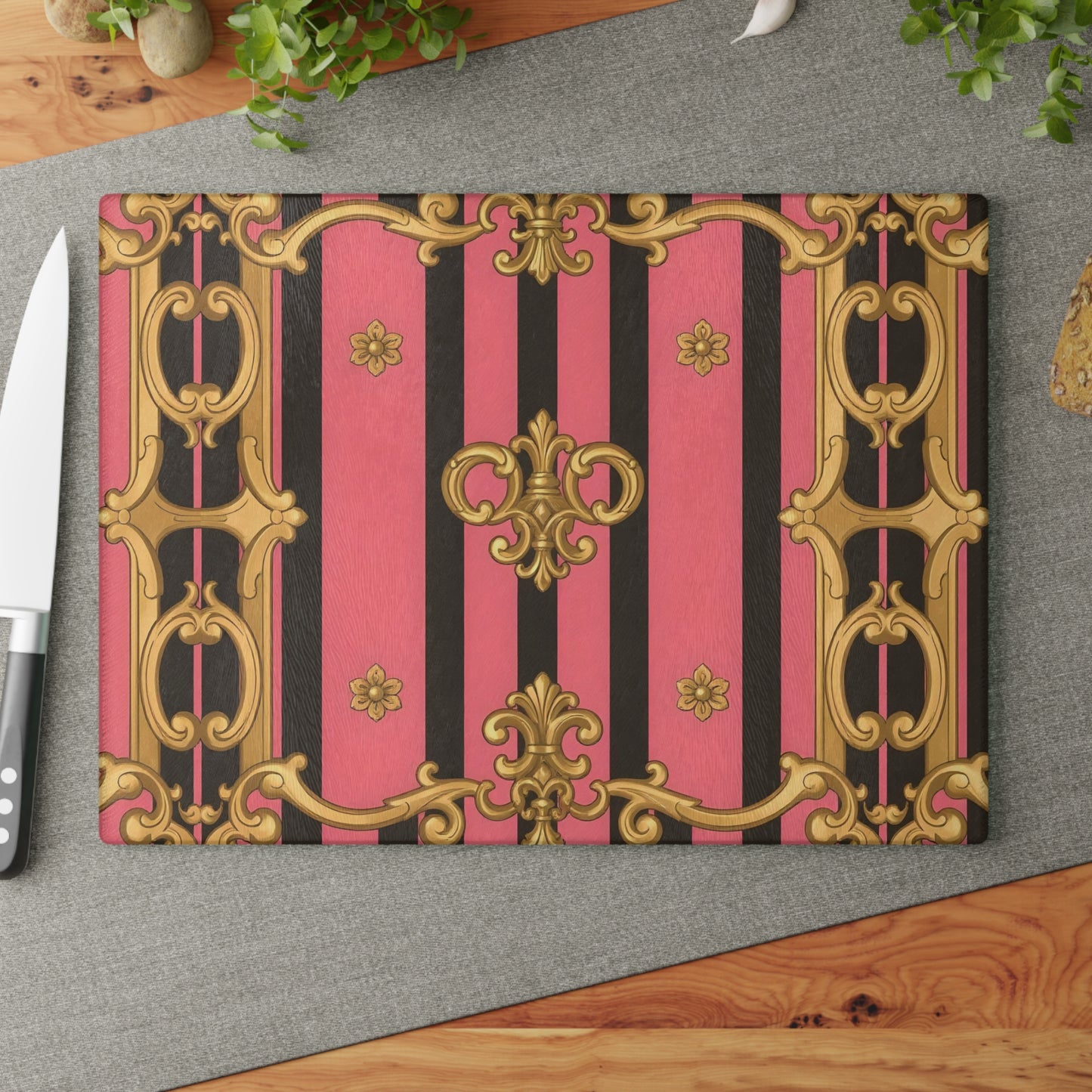 Elegant Pink and Black Glass Cutting Board, Kitchen Decor, Cooking Gift, Housewarming Present - Pink & Black Striped Gold Baroque