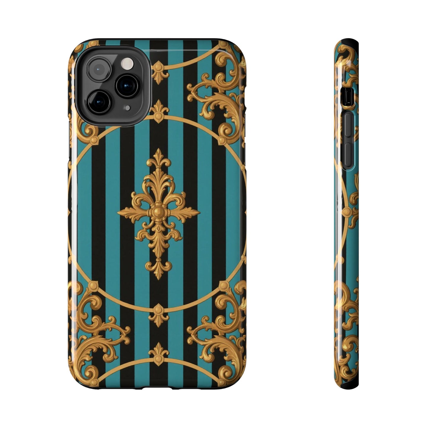 Elegant Turquoise & Black Striped Gold Baroque Phone Case, Tough Phone Cases for Fashion Lovers, Gift for Her, Luxury Accessories