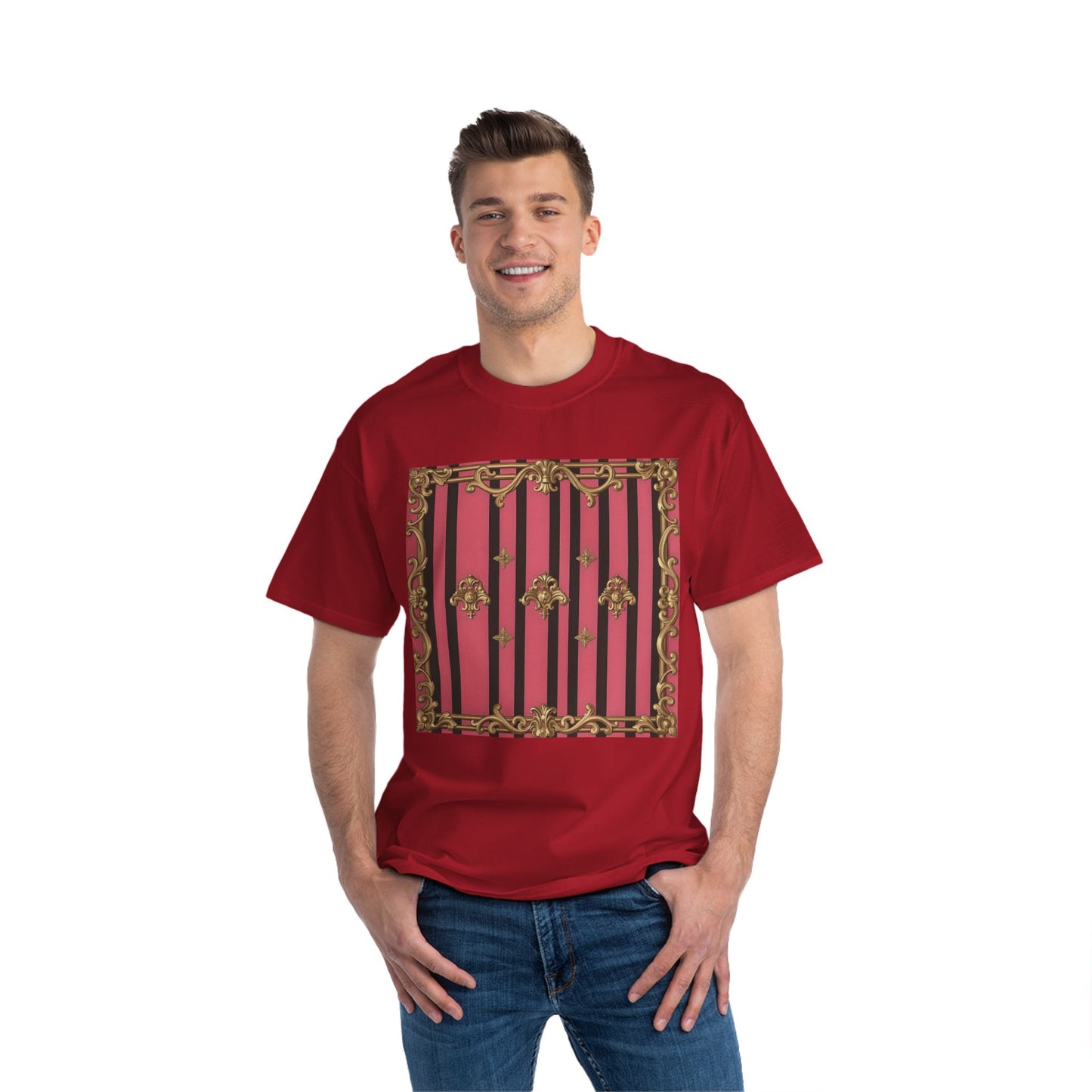 Elegant Baroque Short-Sleeve T-Shirt - Artistic Fashion, Graphics Tee, Unique Gift, Stylish Apparel, Casual Wear - Pink Striped Gold Rococo