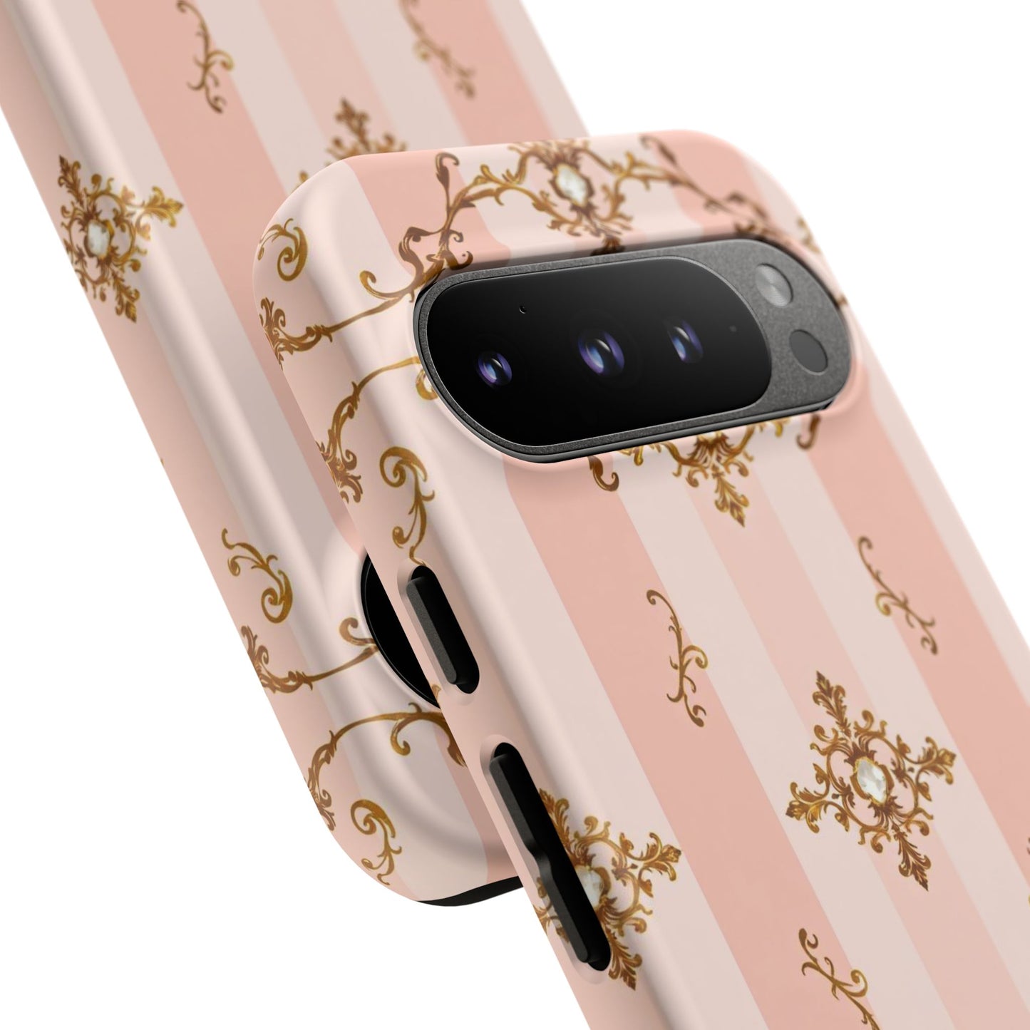 Elegant Floral Phone Case, Tough Cases for Women, Trendy Phone Cover, Chic Gift - Pink Jeweled Striped Gold Baroque