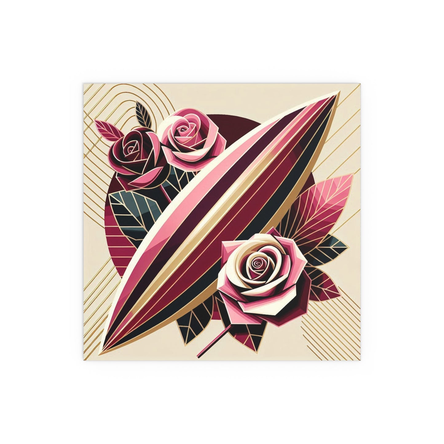 Elegant Floral Silk Poster - Indoor/Outdoor Wall Art for Home Decor - Pink & Burgundy Striped Surfboard & Roses