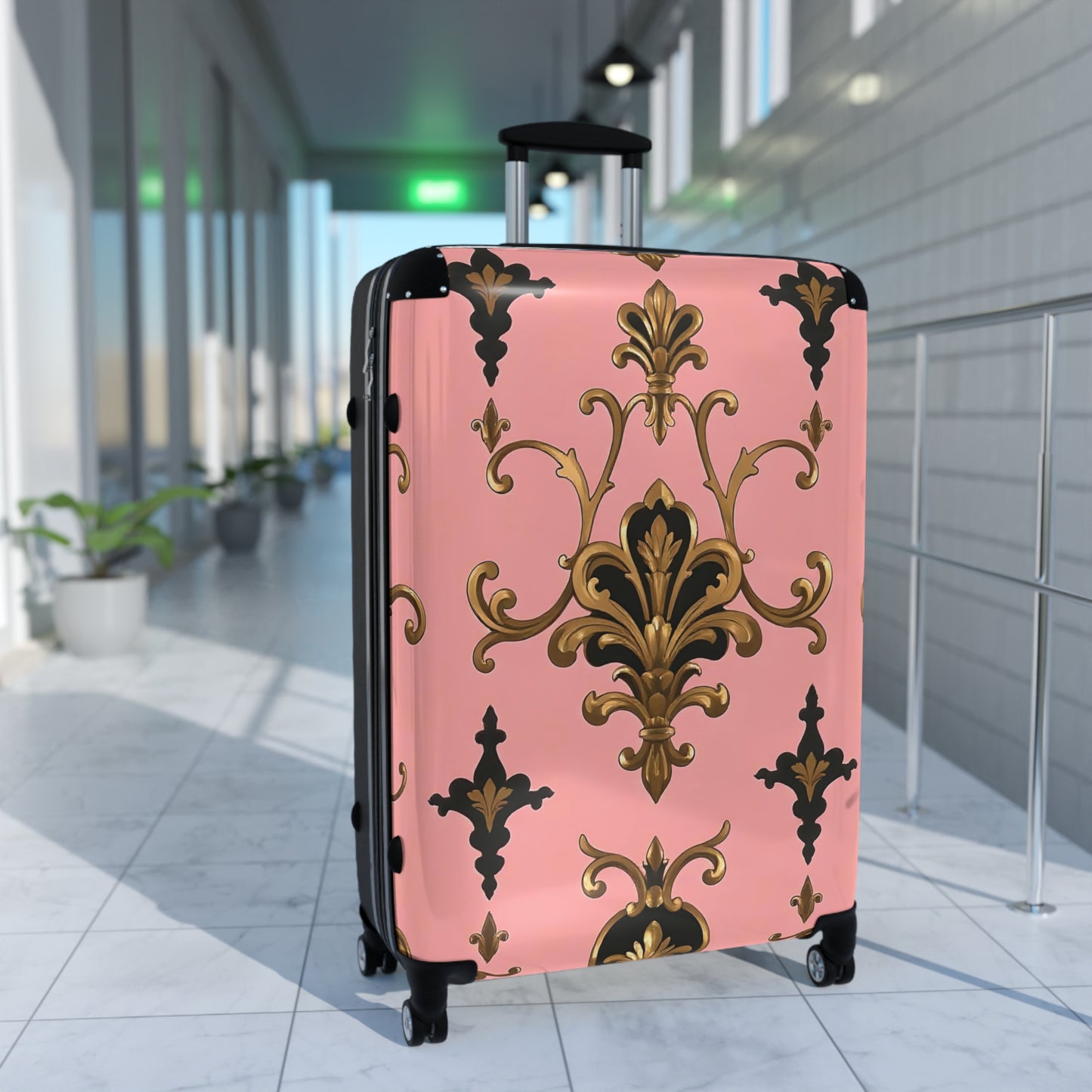 Elegant Pink Floral Suitcase, Travel Luggage, Stylish Carry-On Bag, Personalized Gift for Travelers - Pink, Black & Gold Rococo