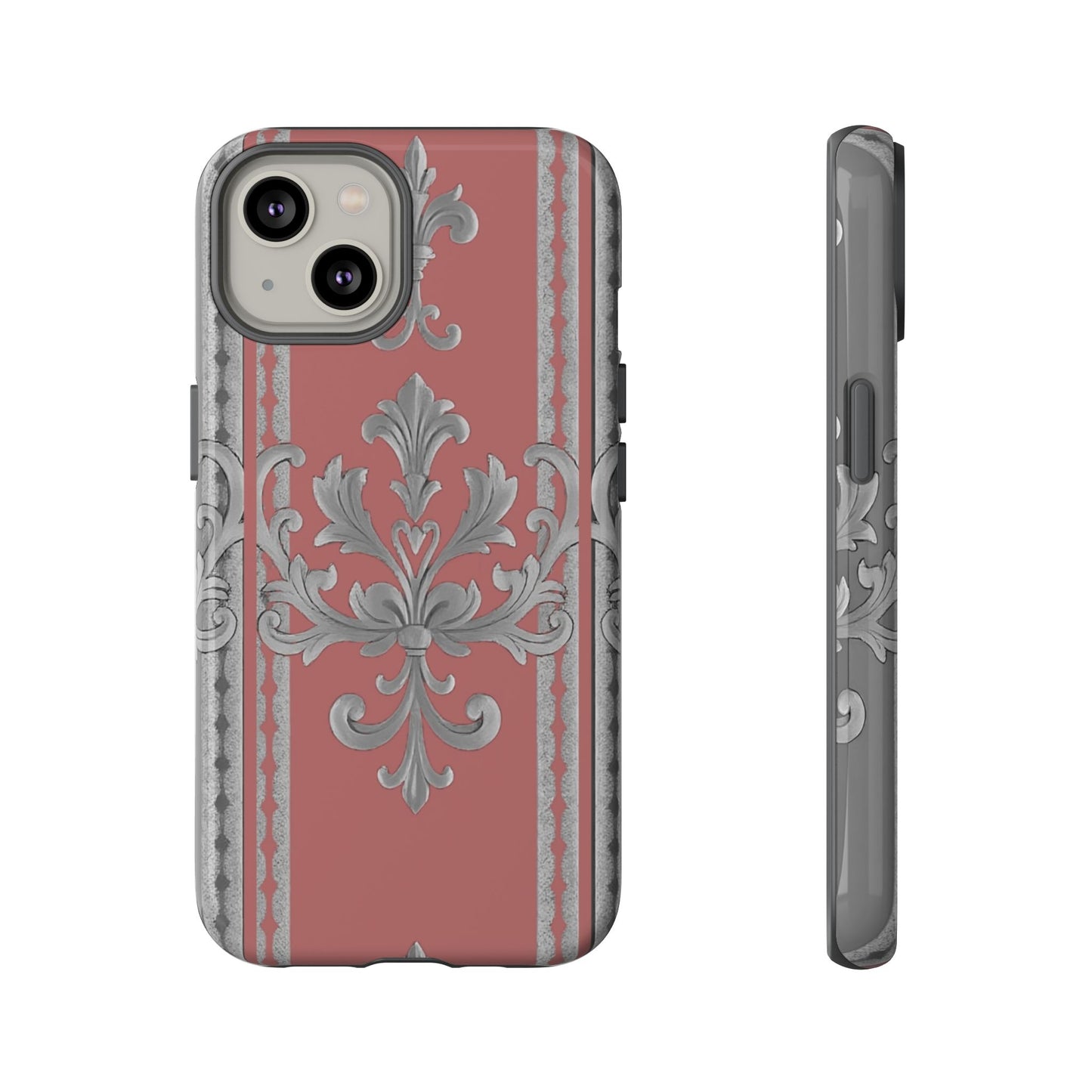 Elegant Floral Phone Case - Tough Cases for Stylish Protection - Gray & Mauve Striped Baroque