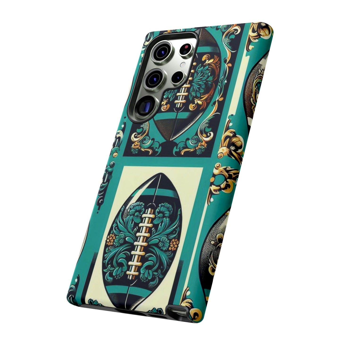 Elegant Floral Motif Phone Case - Tough Cases with Vintage Design -  Damask Teal, Gold & Black Footballs