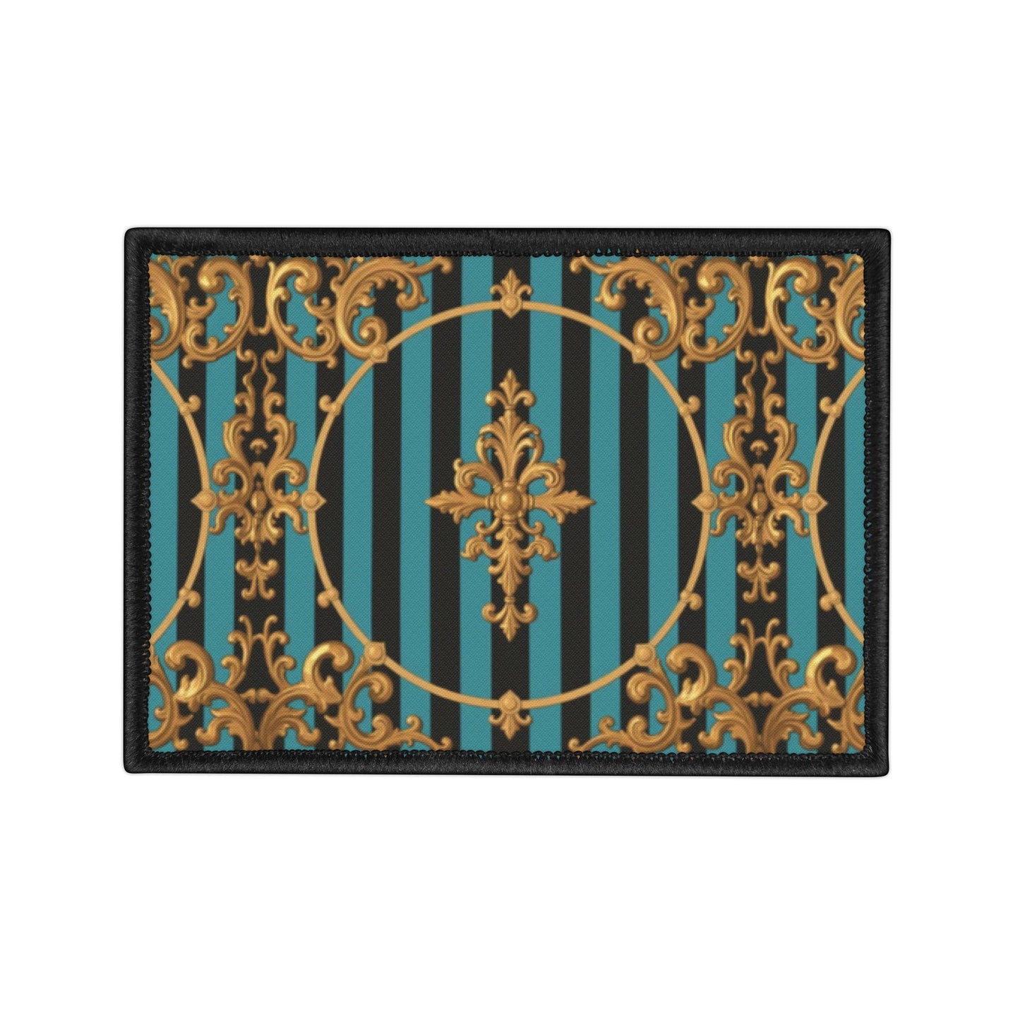 Turquoise & Black Striped Gold Baroque Iron-On Patches for Jackets, Bags, and DIY Projects | Retro Fashion, Unique Gifts