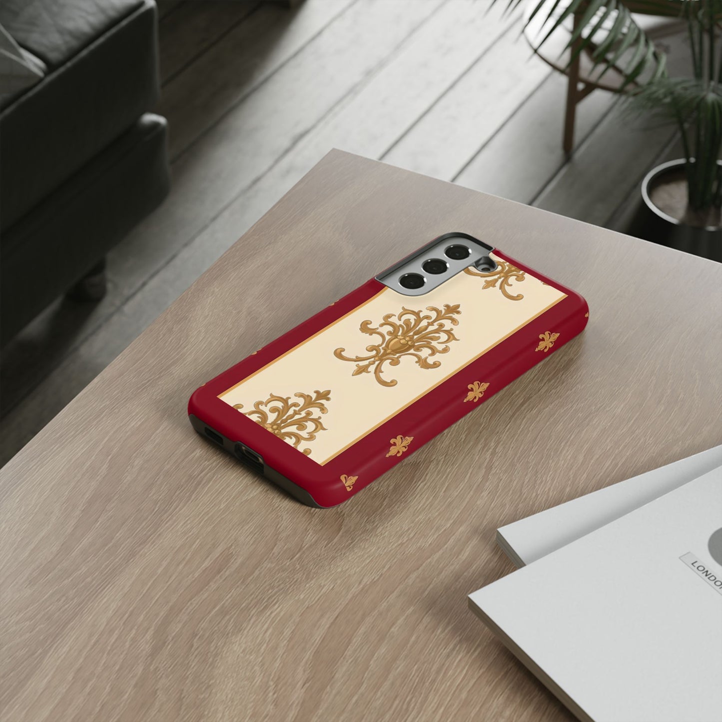 Elegant Floral Motif Phone Case - Tough Cases with Vintage Design - Dusk Red Striped Gold Damask