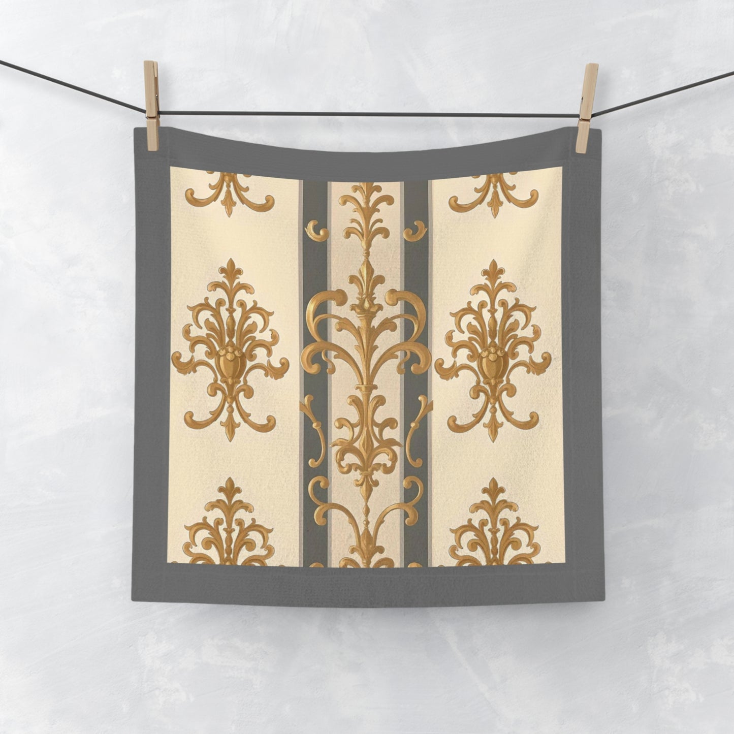Elegant Vintage Face Towel – Luxurious Gold Pattern for Home & Spa - Dusk Olive Striped Gold Damask