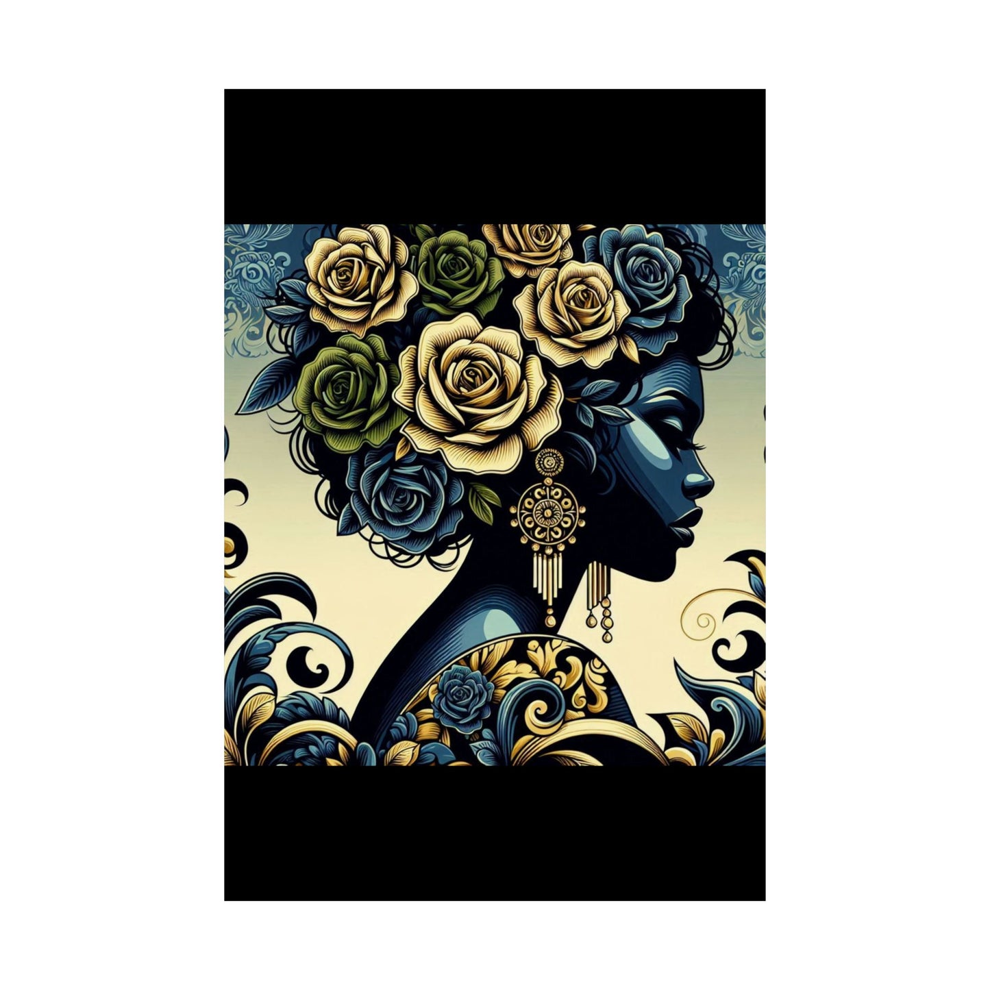 Floral Afro Art Poster - Elegant Matte Vertical Wall Decor - Midnight Blue Lady With Damask & Roses