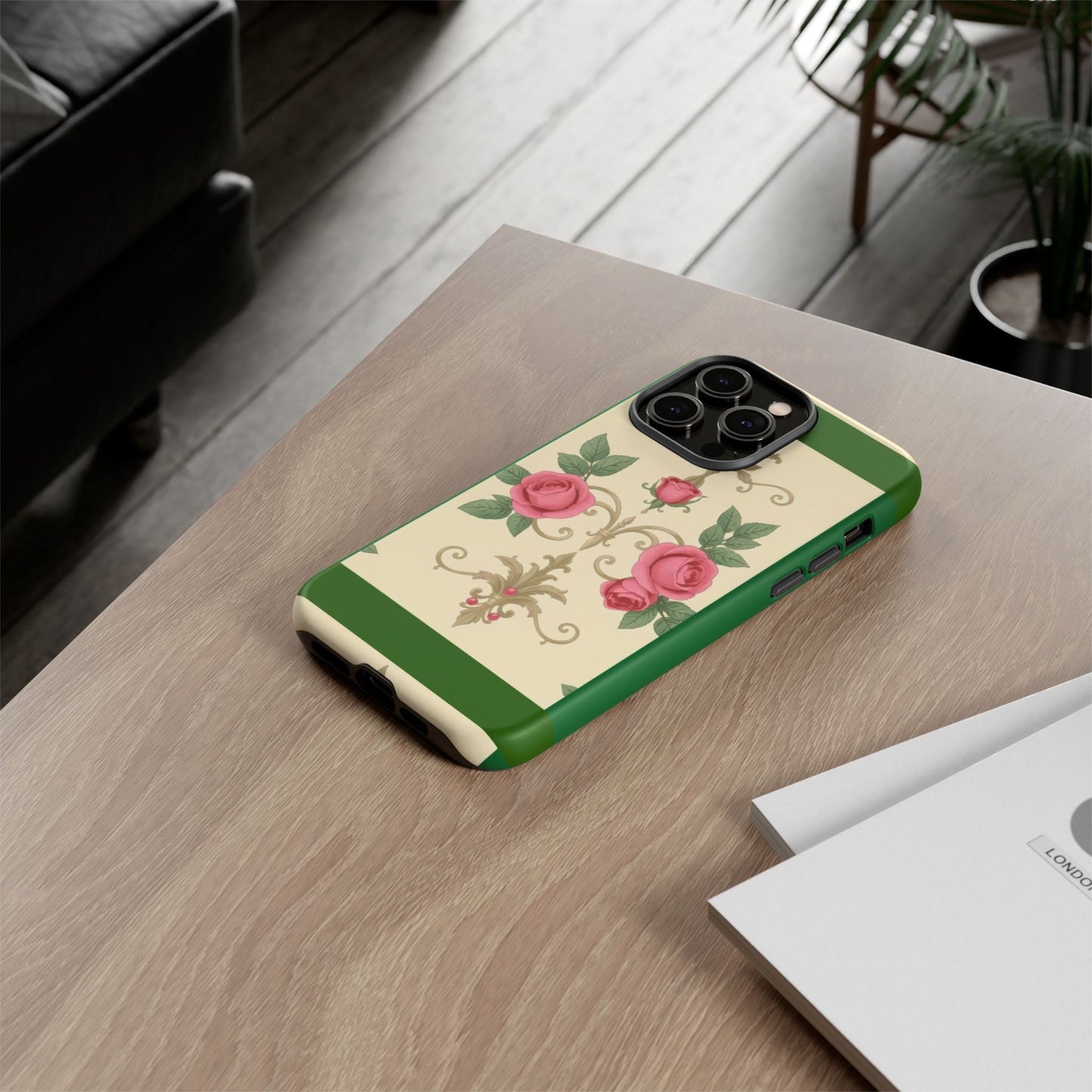 Elegant Floral Motif Phone Case - Tough Cases with Vintage Design - Green Border Roses & Damask