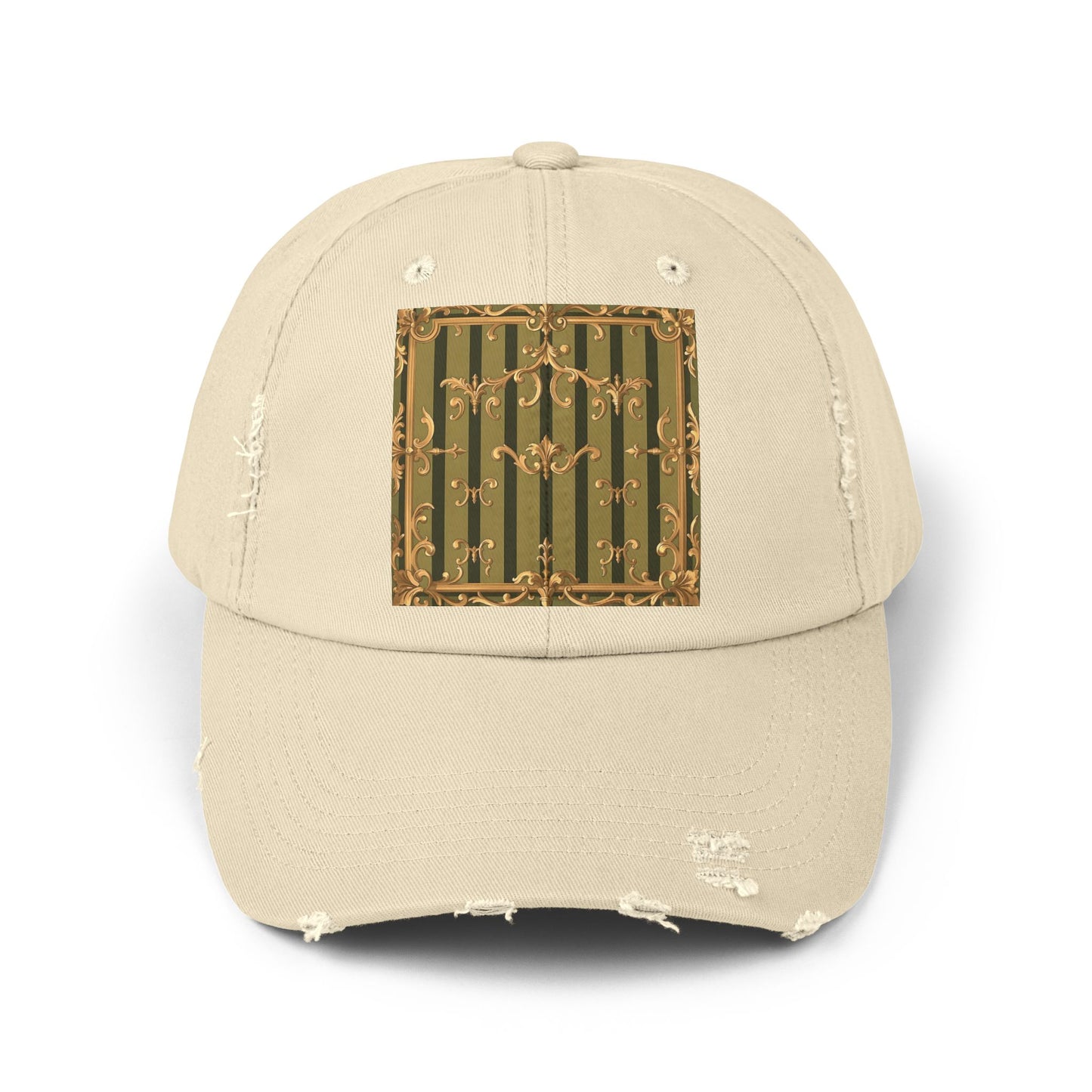 Vintage Distressed Cap with Elegant Gold Design, Fashionable Unisex Hat for Casual Outings - Olive Green Striped Rococo
