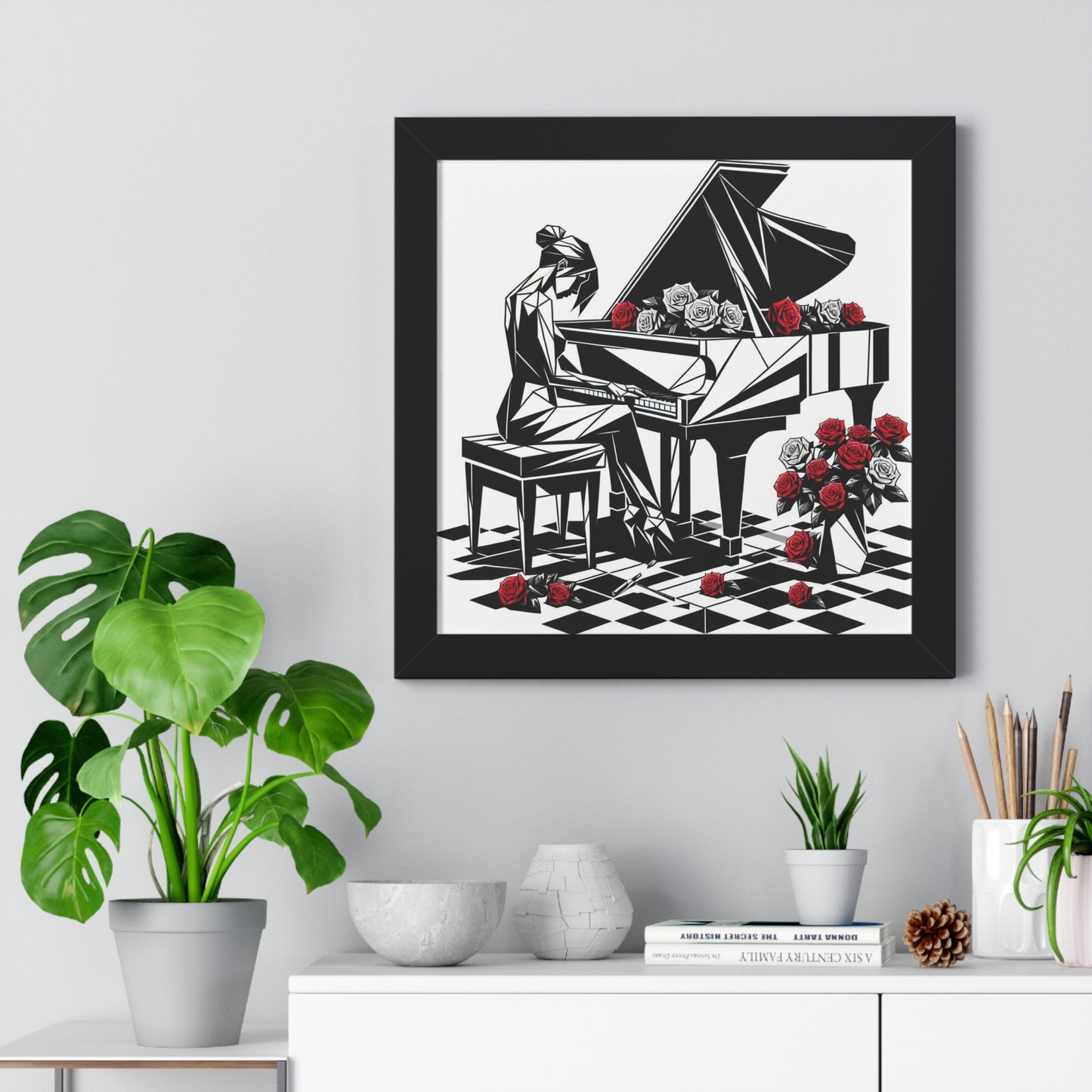 Vertical Poster - Black & White Grand Piano & Red Roses Wall Art