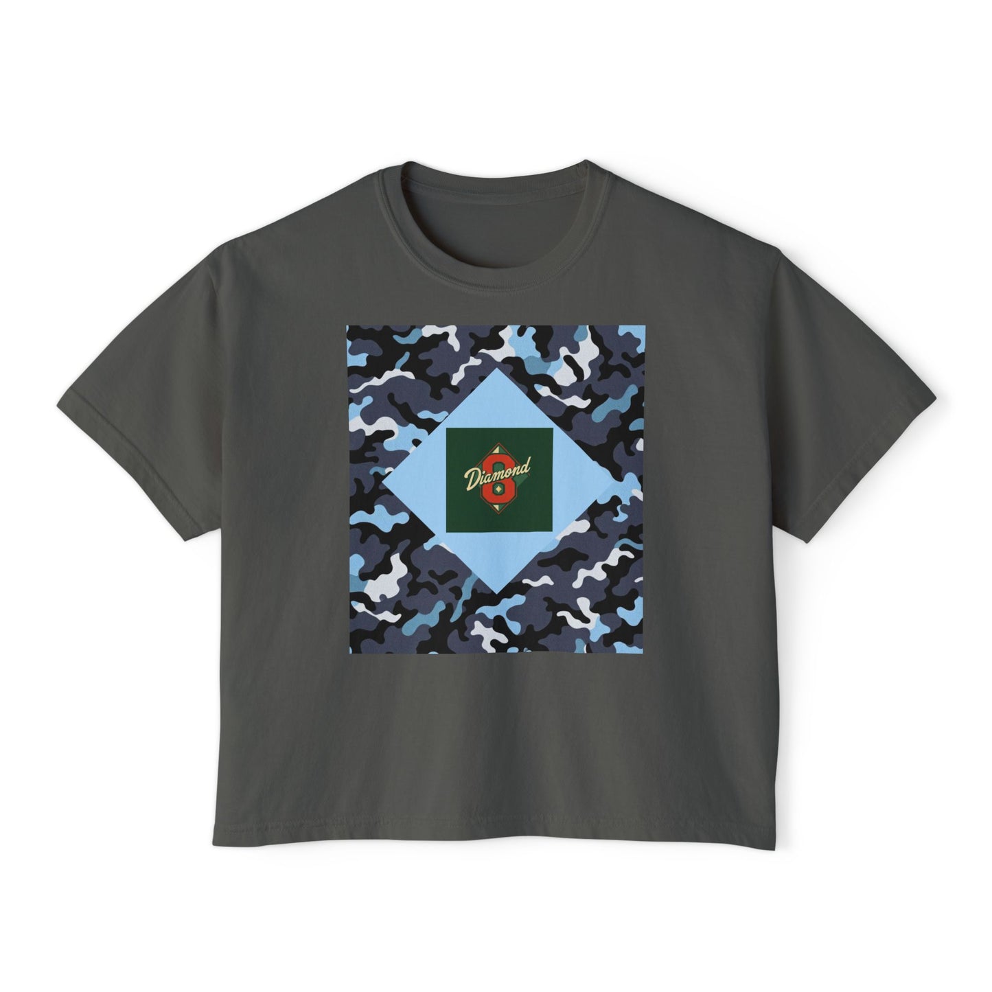 Camouflage Women's Boxy Tee, Casual Outfit, Relaxed Style Tee, Everyday Wear, Gift for Her, Comfortable Top - Blue Camo Diamond 8