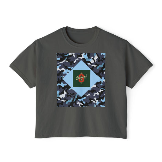 Camouflage Women's Boxy Tee, Casual Outfit, Relaxed Style Tee, Everyday Wear, Gift for Her, Comfortable Top - Blue Camo Diamond 8