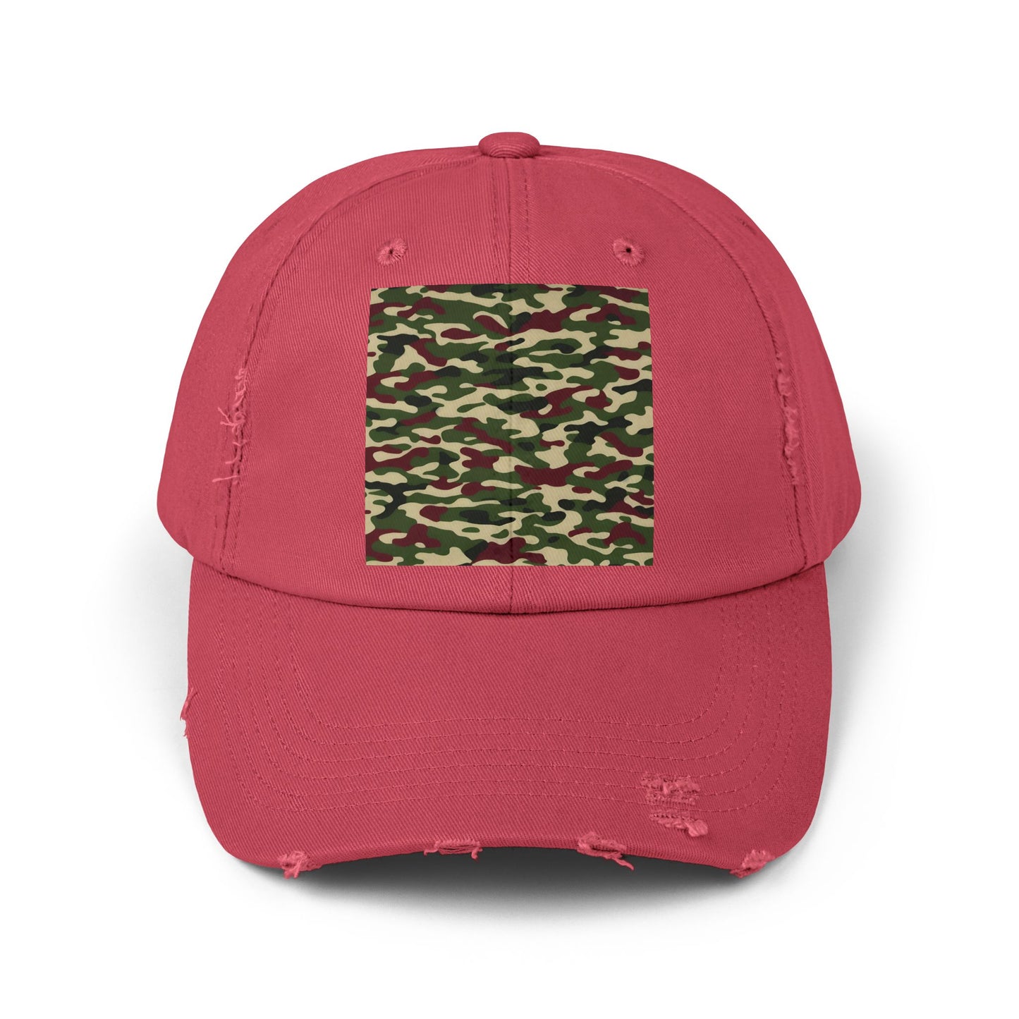 Camo Distressed Cap | Unisex Fashion Hat, Trendy Outdoor Accessory, Gift for Him/Her, Casual Wear, Sports Cap - Army Green & Burgundy Camo