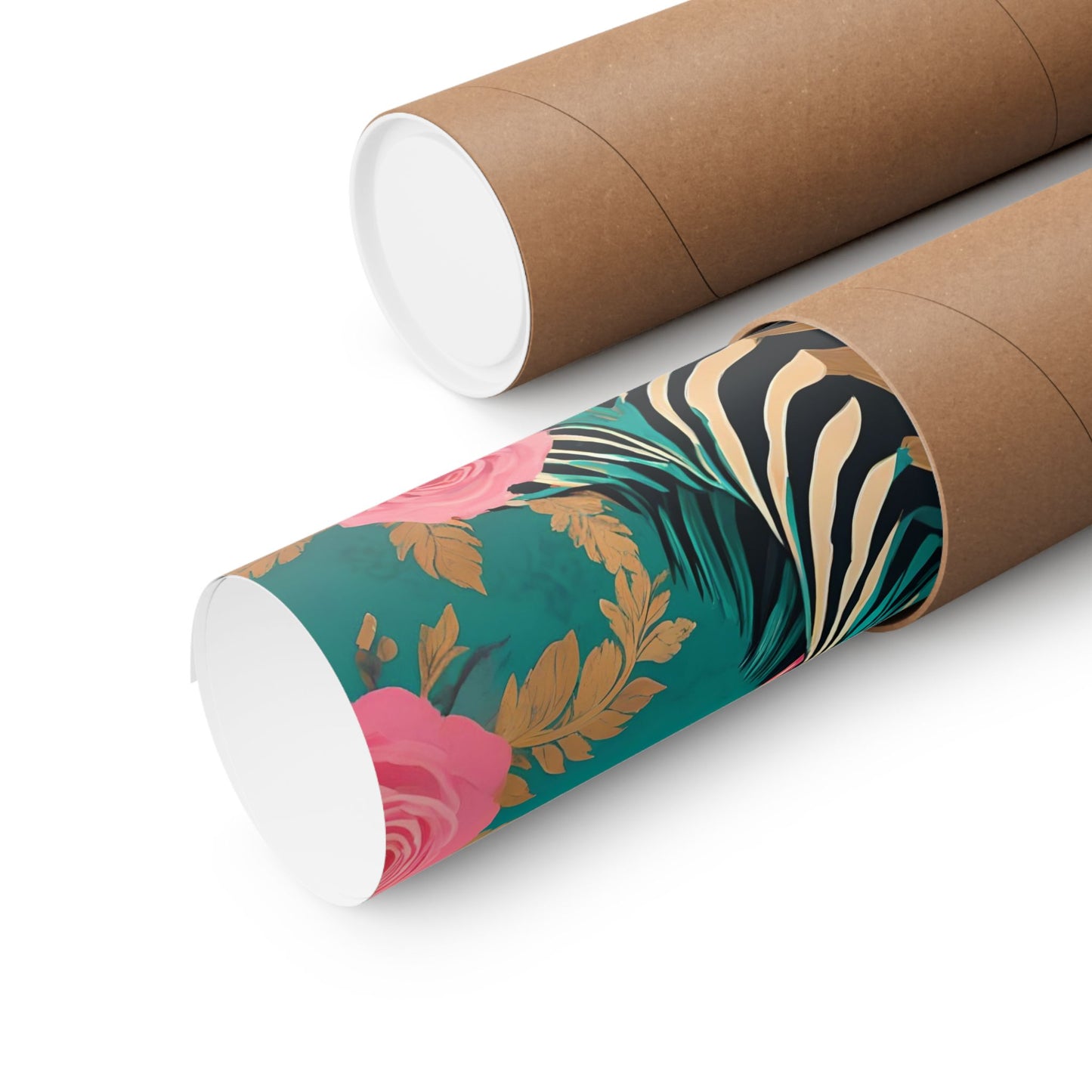 Floral Art Poster - Elegant Matte Vertical Wall Decor - Teal & Gold Zebra & Roses