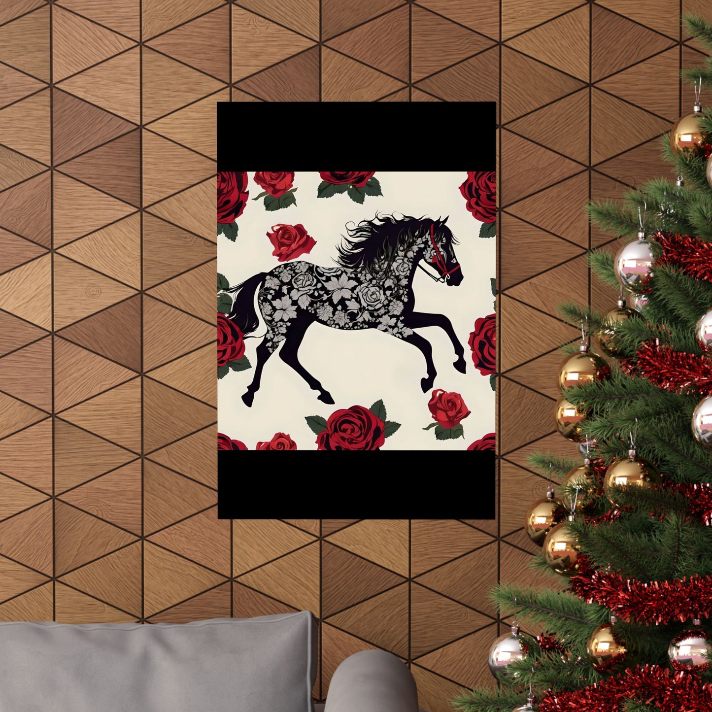 Floral Motif Art Poster - Elegant Matte Vertical Wall Decor - Horse & Roses