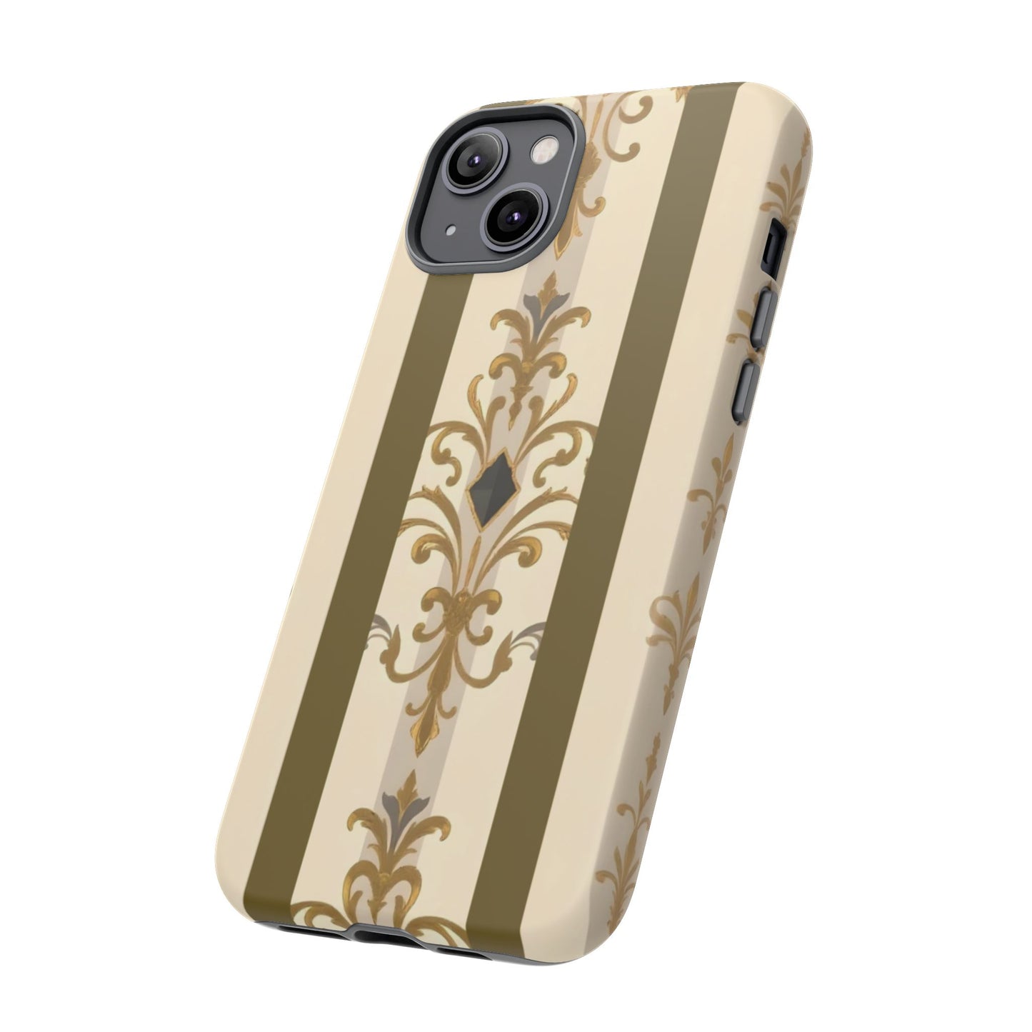 Elegant Floral Motif Phone Case - Tough Cases with Vintage Design - Olive Striped Gold Damask