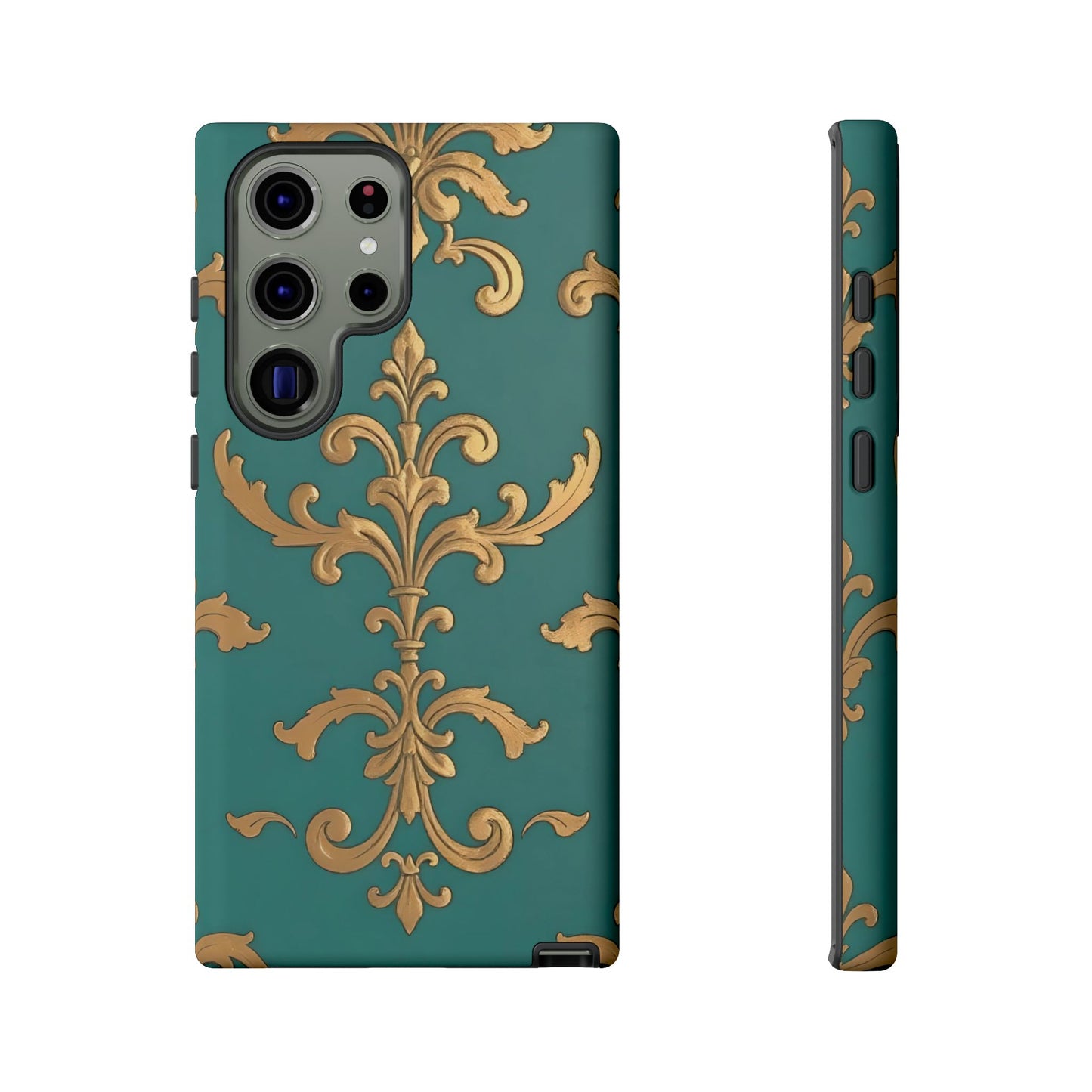 Elegant Floral Motif Phone Case - Tough Cases with Vintage Design - Aqua & Gold Damask