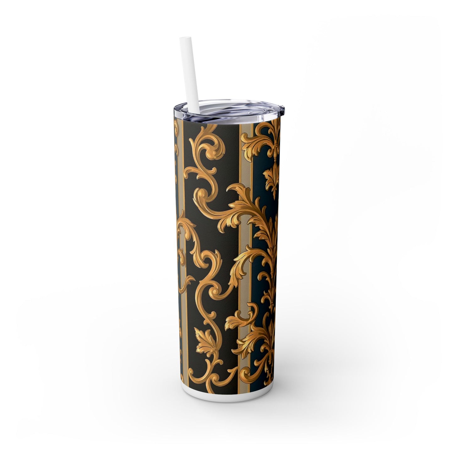 Elegant Gold Floral Skinny Tumbler with Straw, 20oz - Stylish Travel Cup, Gift Idea for Birthdays - Blue & Black Striped Rococo