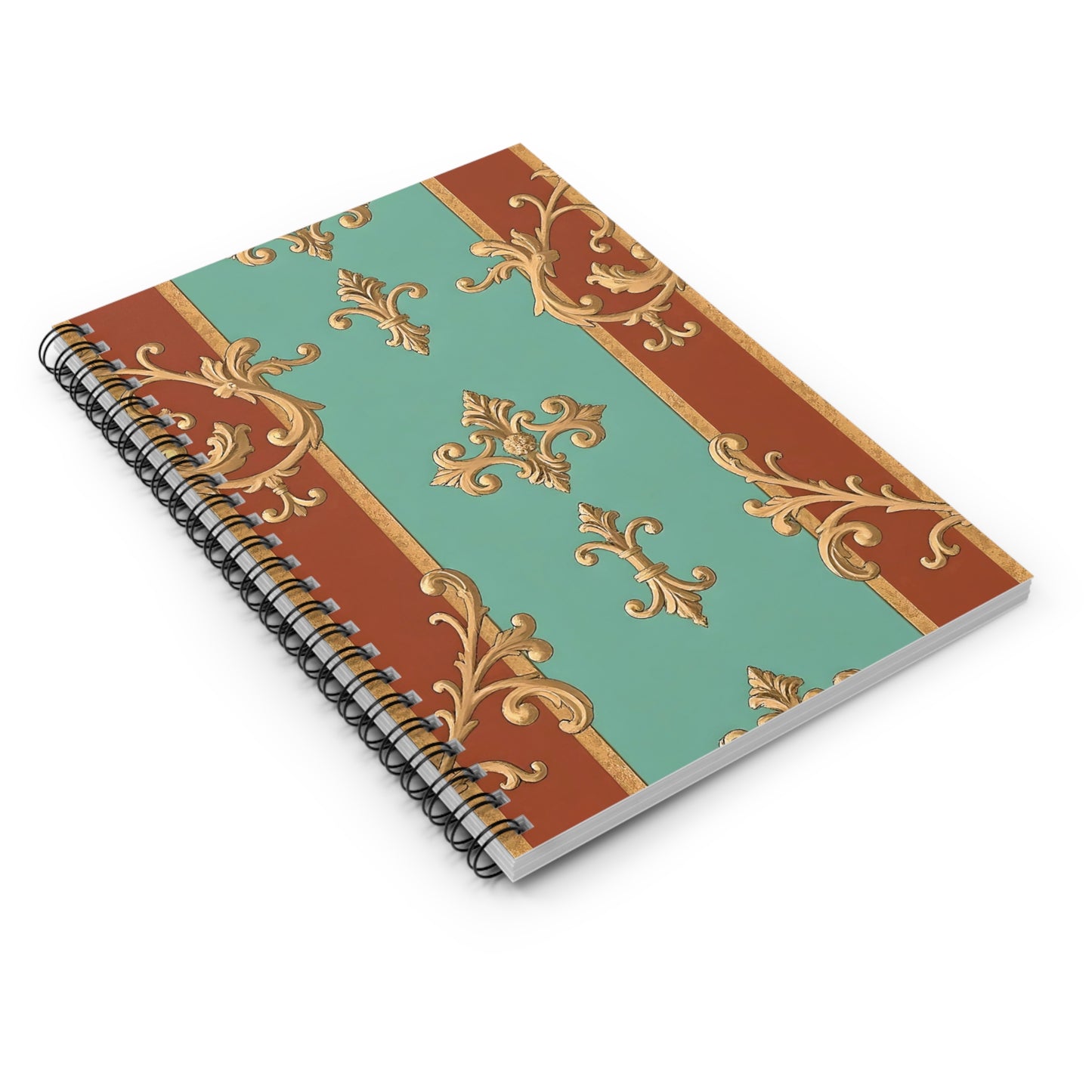 Elegant Floral Spiral Notebook - Ruled Lines | Vintage Design Journal, Writing Pad, School Supplies - Rust & Mint Aqua Striped Baroque