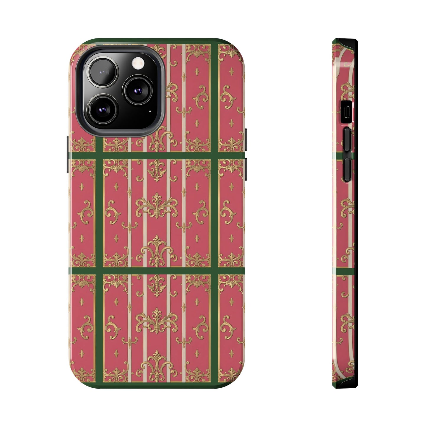 Elegant Green Border Pink Striped Baroque Phone Cases, Tough Phone Cases for Protection, Stylish Mobile Accessories, Gift for Her, Holiday Tech Gifts