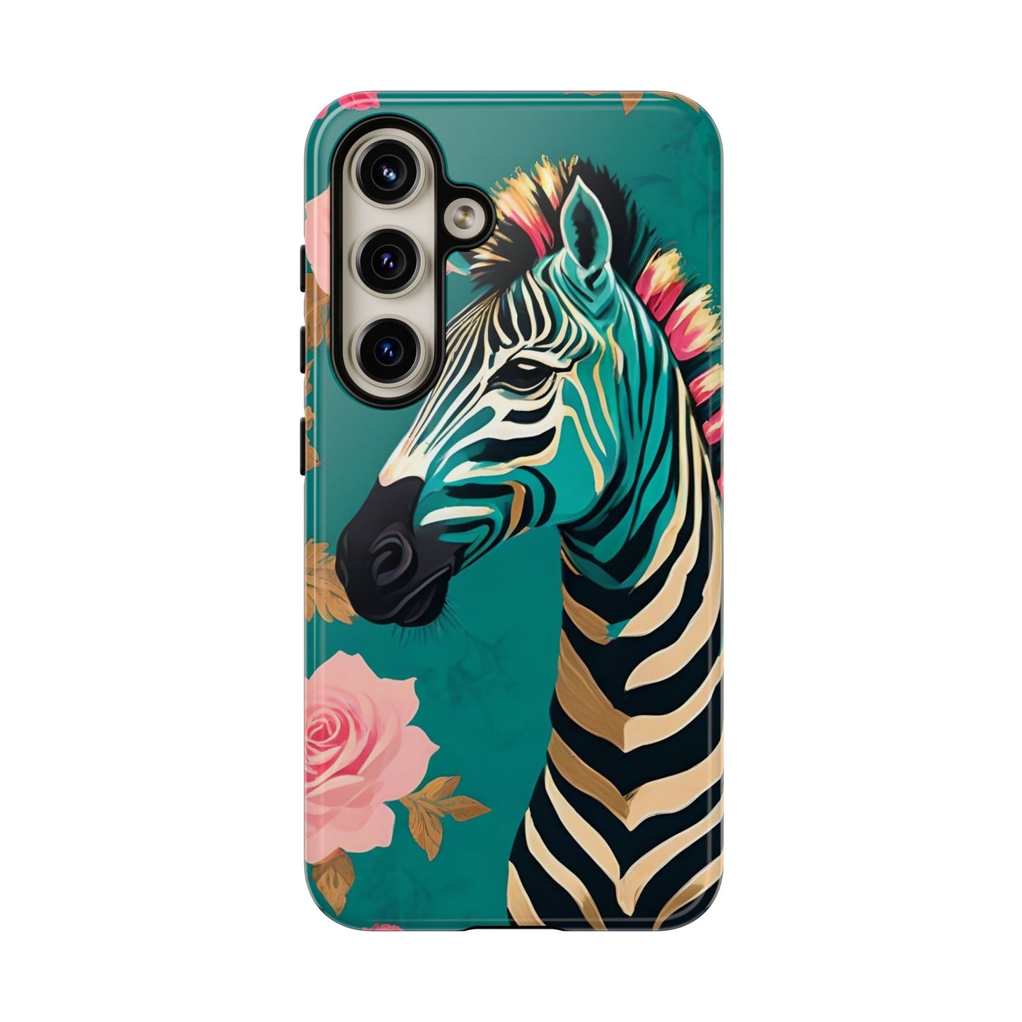Phone Case - Elegant Teal & Gold Zebra & Roses Design