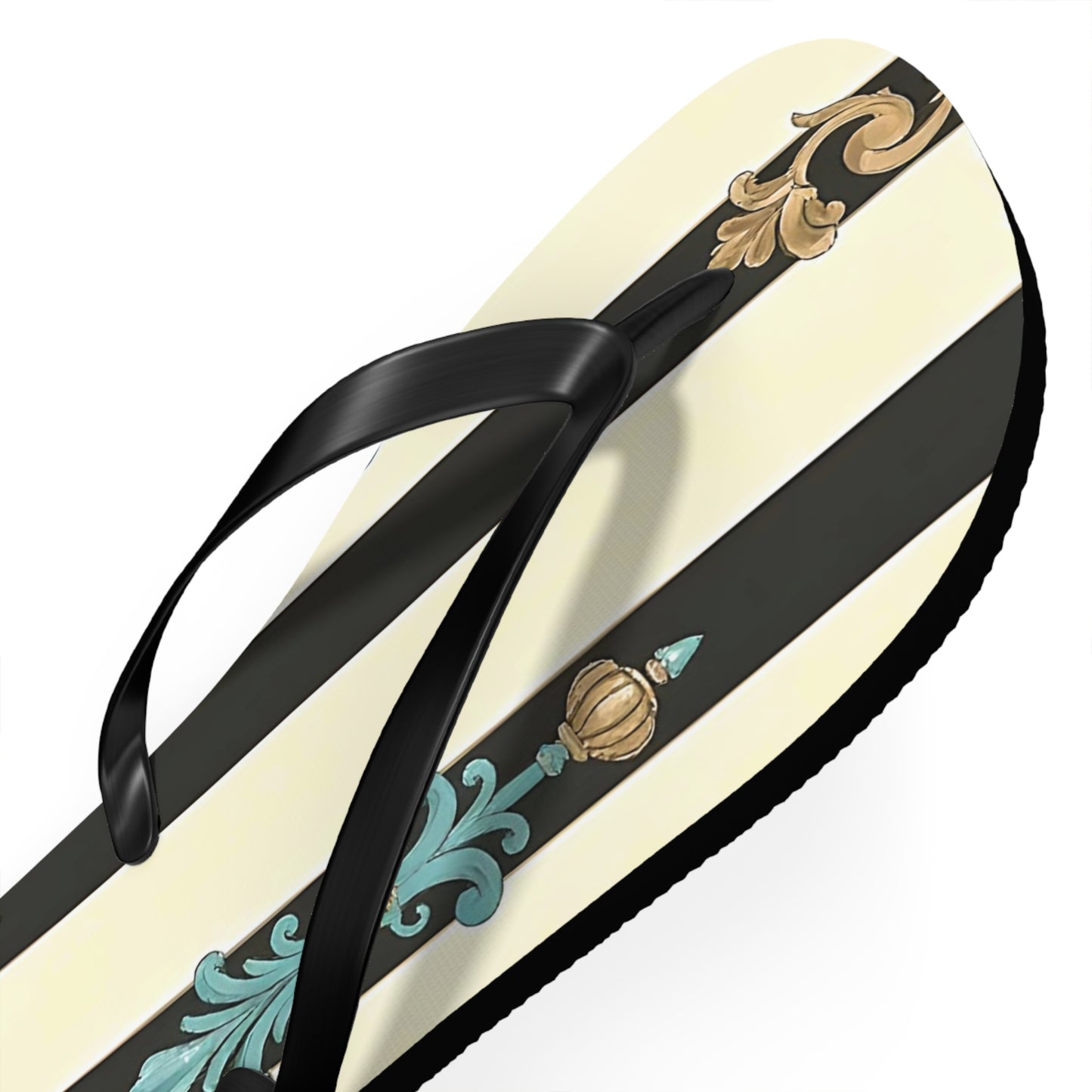 Stylish Flip Flops | Beach Sandals, Summer Footwear, Vacation Getaway, Casual Summer Style - Black Striped Turquoise & Black Rococo