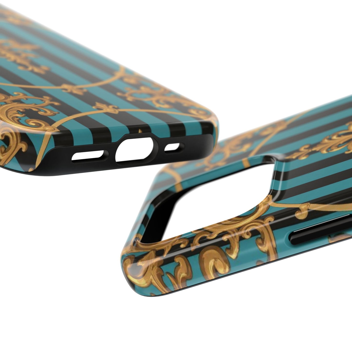 Elegant Turquoise & Black Striped Gold Baroque Phone Case, Tough Phone Cases for Fashion Lovers, Gift for Her, Luxury Accessories
