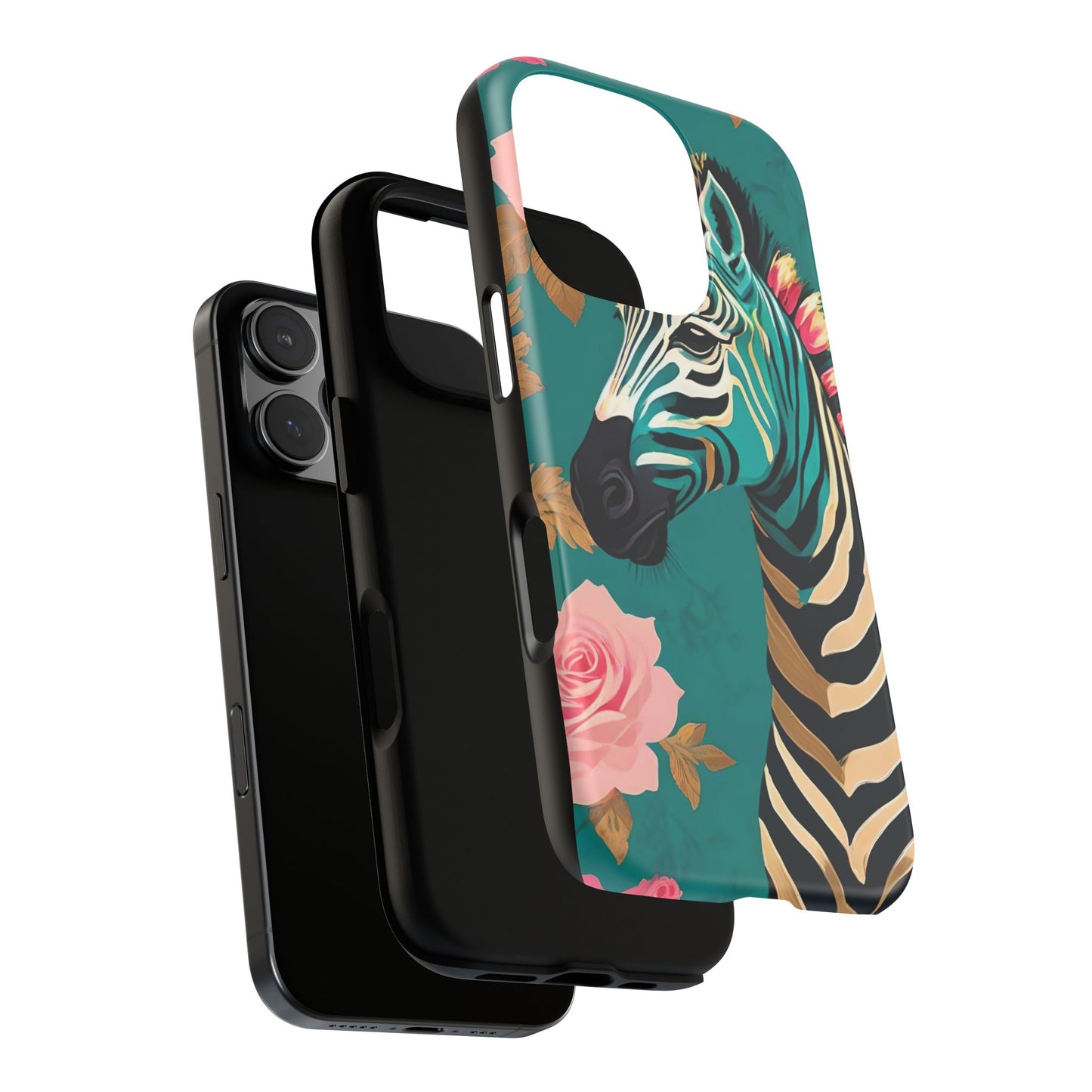 Phone Case - Elegant Teal & Gold Zebra & Roses Design