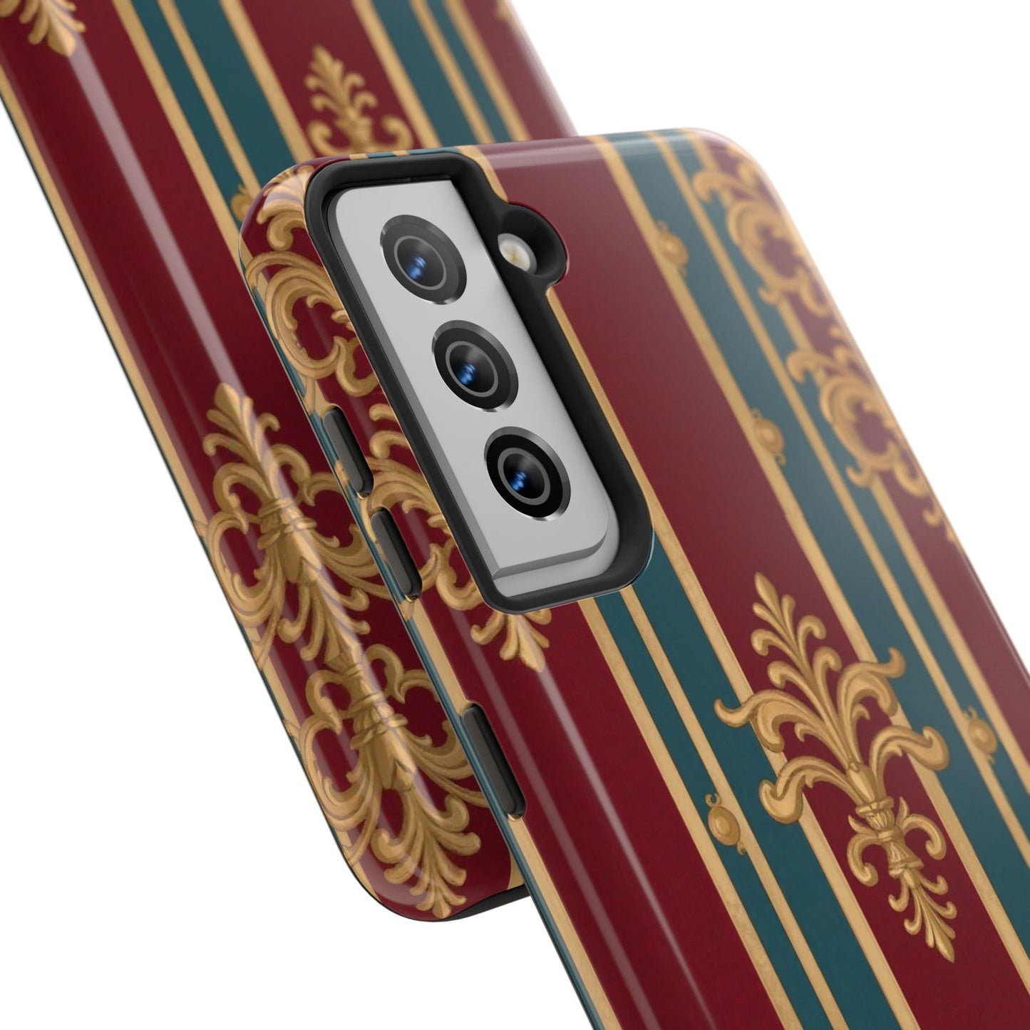 Elegant Vintage Tough Phone Case, Luxury Phone Protection, Stylish Phone Cover, Durable Phone Accessory - Burgundy Striped Gold Baroque