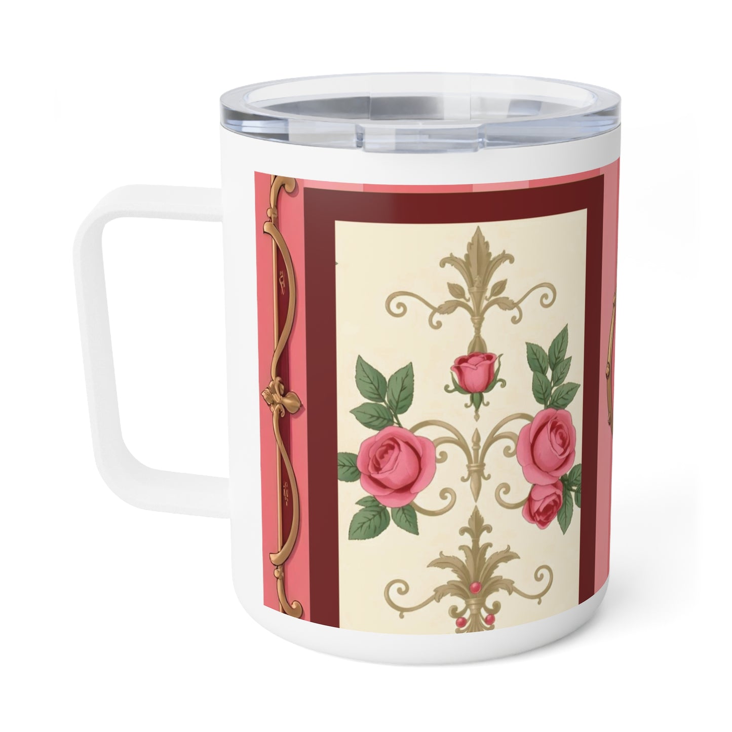 Elegant Floral Insulated Coffee Mug - 10oz Travel Cup for Tea Lovers - Pink Striped Baroque & Roses