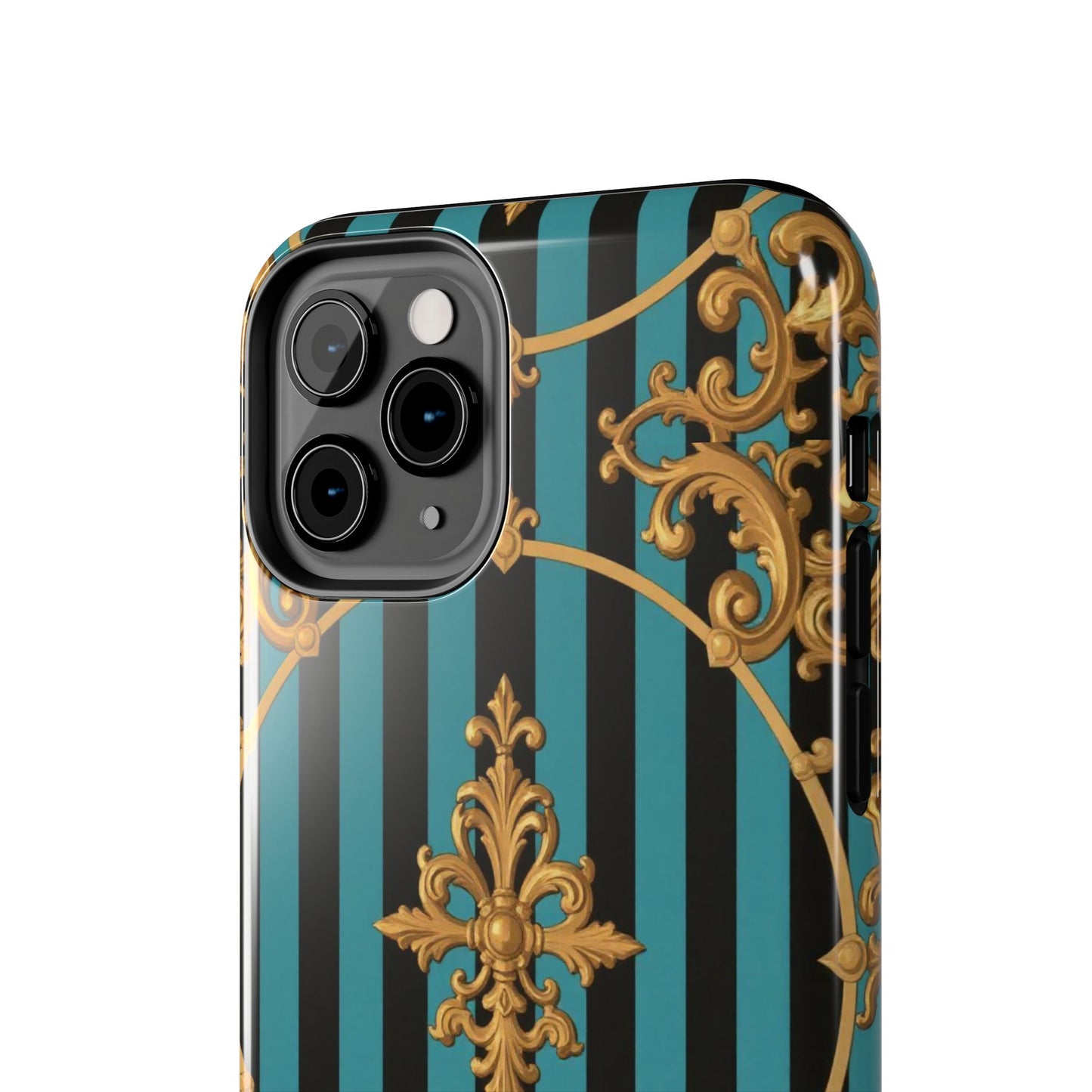 Elegant Turquoise & Black Striped Gold Baroque Phone Case, Tough Phone Cases for Fashion Lovers, Gift for Her, Luxury Accessories