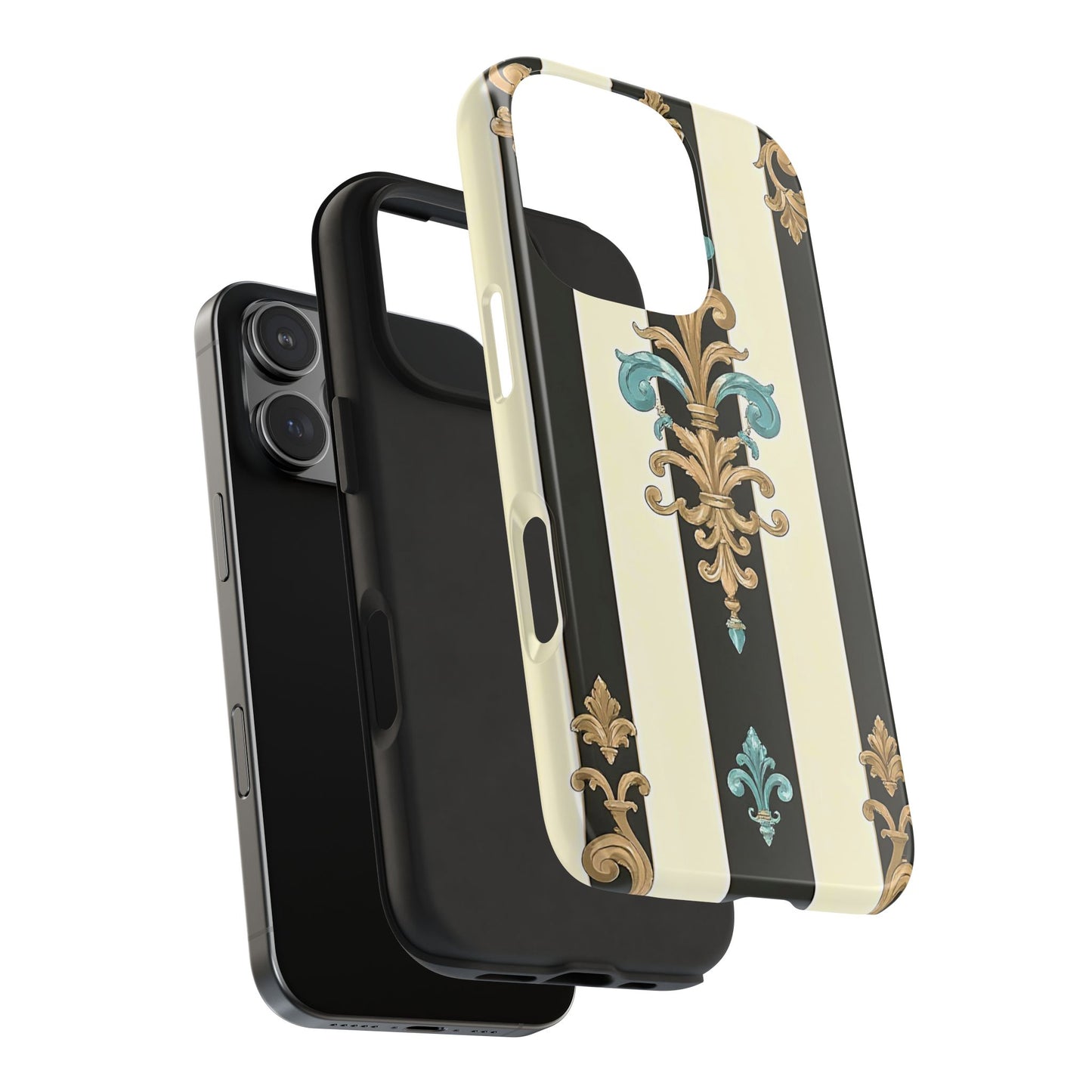 Elegant Vintage Tough Phone Cases, Stylish Phone Accessories, Quality Protection, Gifts for Her - Black Striped Turquoise & Black Rococo