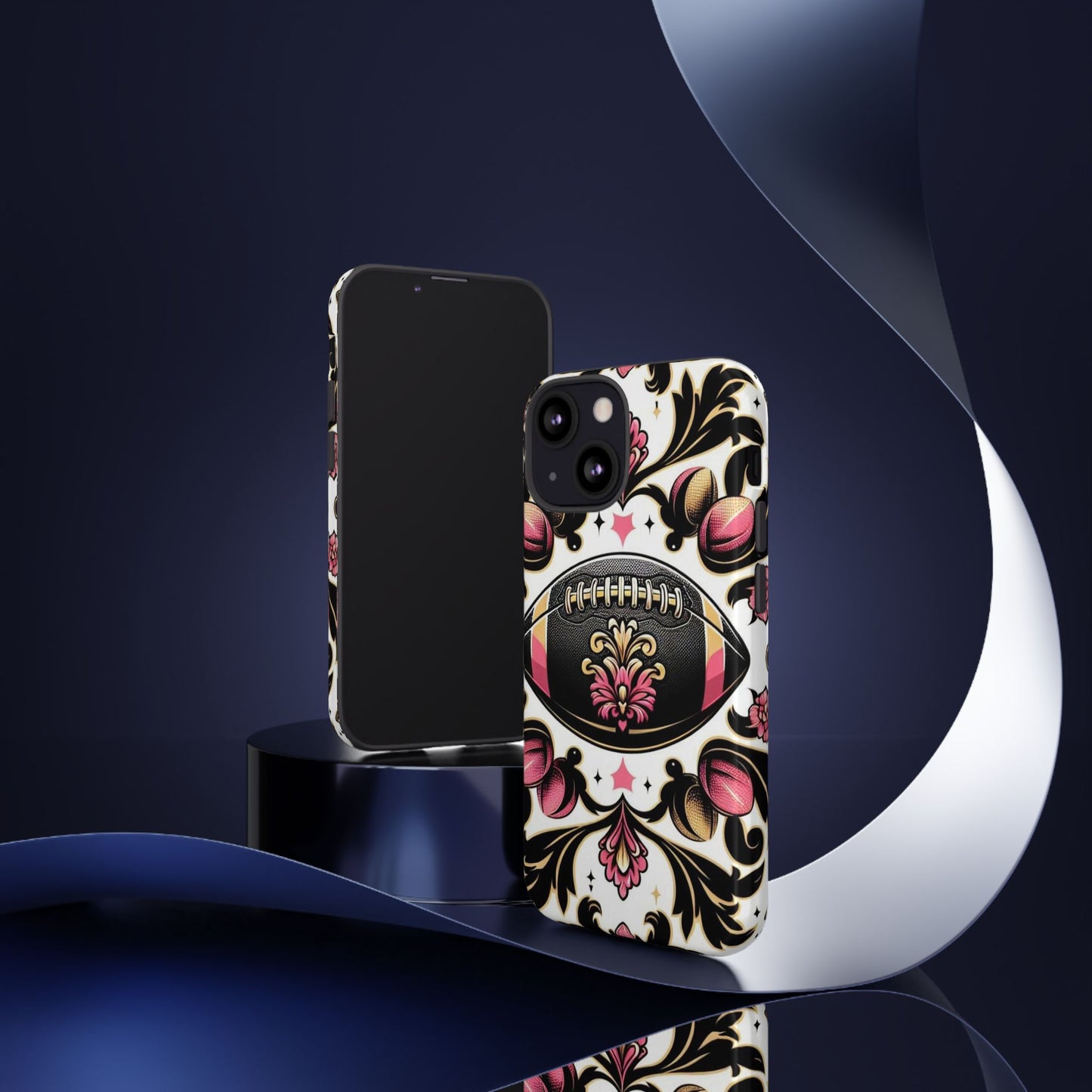 Elegant Floral Motif Phone Case - Tough Cases with Vintage Design - Damask White, Pink Gold & Black Football